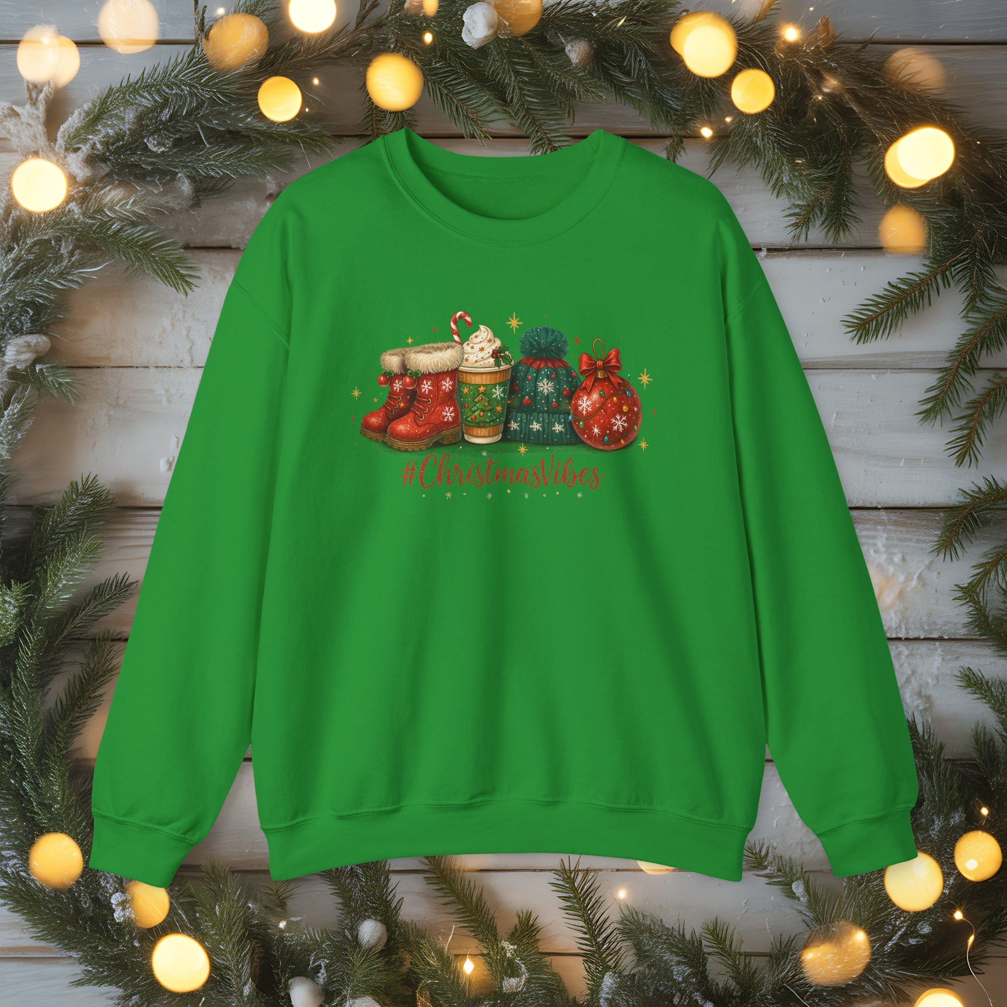 #ChristmasVibes Sweatshirt • Cute Holiday Crewneck • Red Boots, Beanie & Ornament Christmas Sweater • Winter Coffee Lover Sweatshirt • Cozy Gift