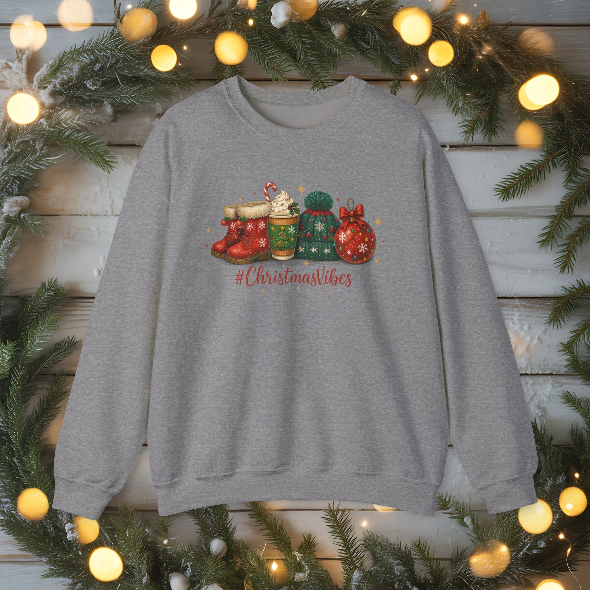 #ChristmasVibes Sweatshirt • Cute Holiday Crewneck • Red Boots, Beanie & Ornament Christmas Sweater • Winter Coffee Lover Sweatshirt • Cozy Gift