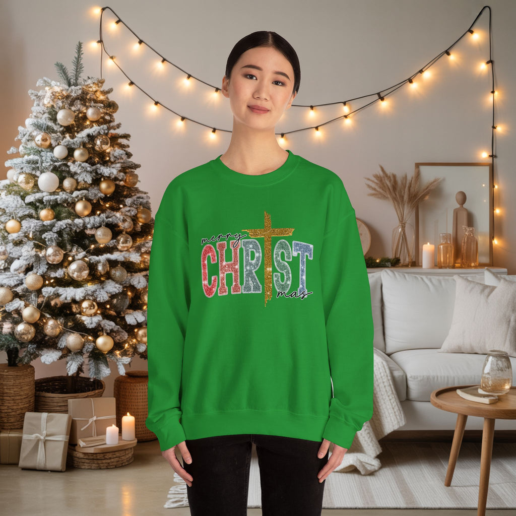 Merry CHRISTmas Sweatshirt • Christian Christmas Crewneck • Faux Glitter Cross Pullover • Faith Holiday Sweater • Jesus Christmas Shirt • Winter Gift for Her
