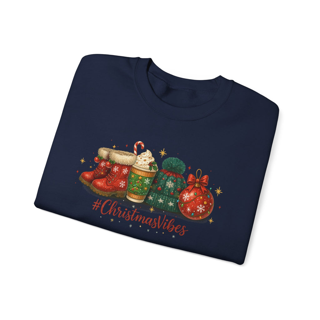 #ChristmasVibes Sweatshirt • Cute Holiday Crewneck • Red Boots, Beanie & Ornament Christmas Sweater • Winter Coffee Lover Sweatshirt • Cozy Gift