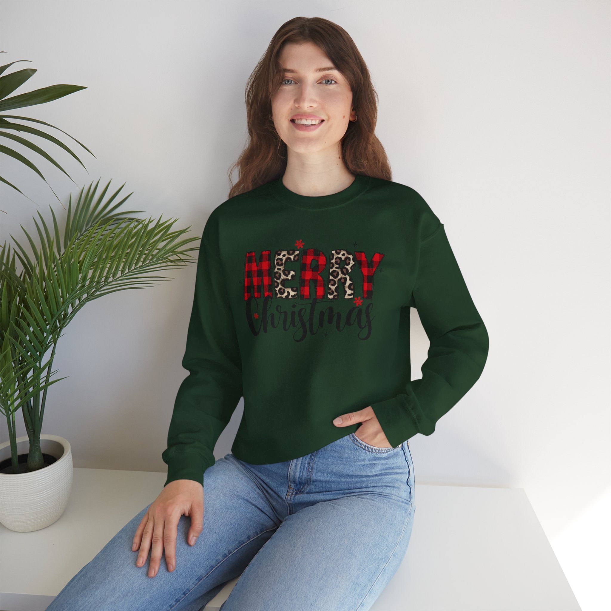 Merry Crewneck Sweatshirt • Leopard & Red Plaid Christmas Sweater • Cute Holiday Pullover for Women • Cozy Winter Sweatshirt • Gift for Her