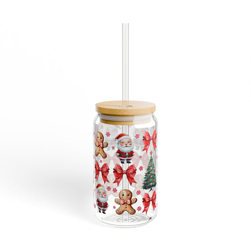 Christmas and Gingerbread Sipper Glass with Bamboo Lid, 16oz