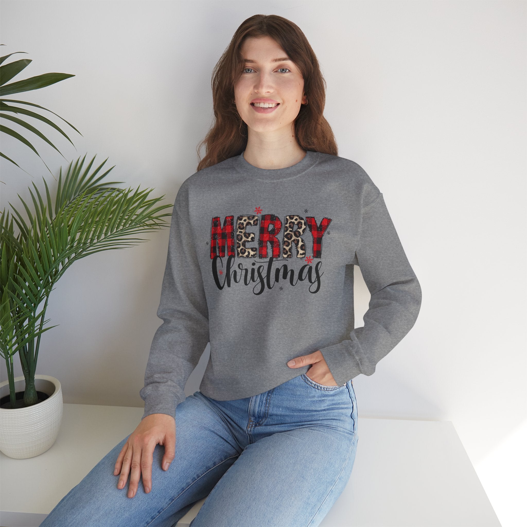 Merry Crewneck Sweatshirt • Leopard & Red Plaid Christmas Sweater • Cute Holiday Pullover for Women • Cozy Winter Sweatshirt • Gift for Her