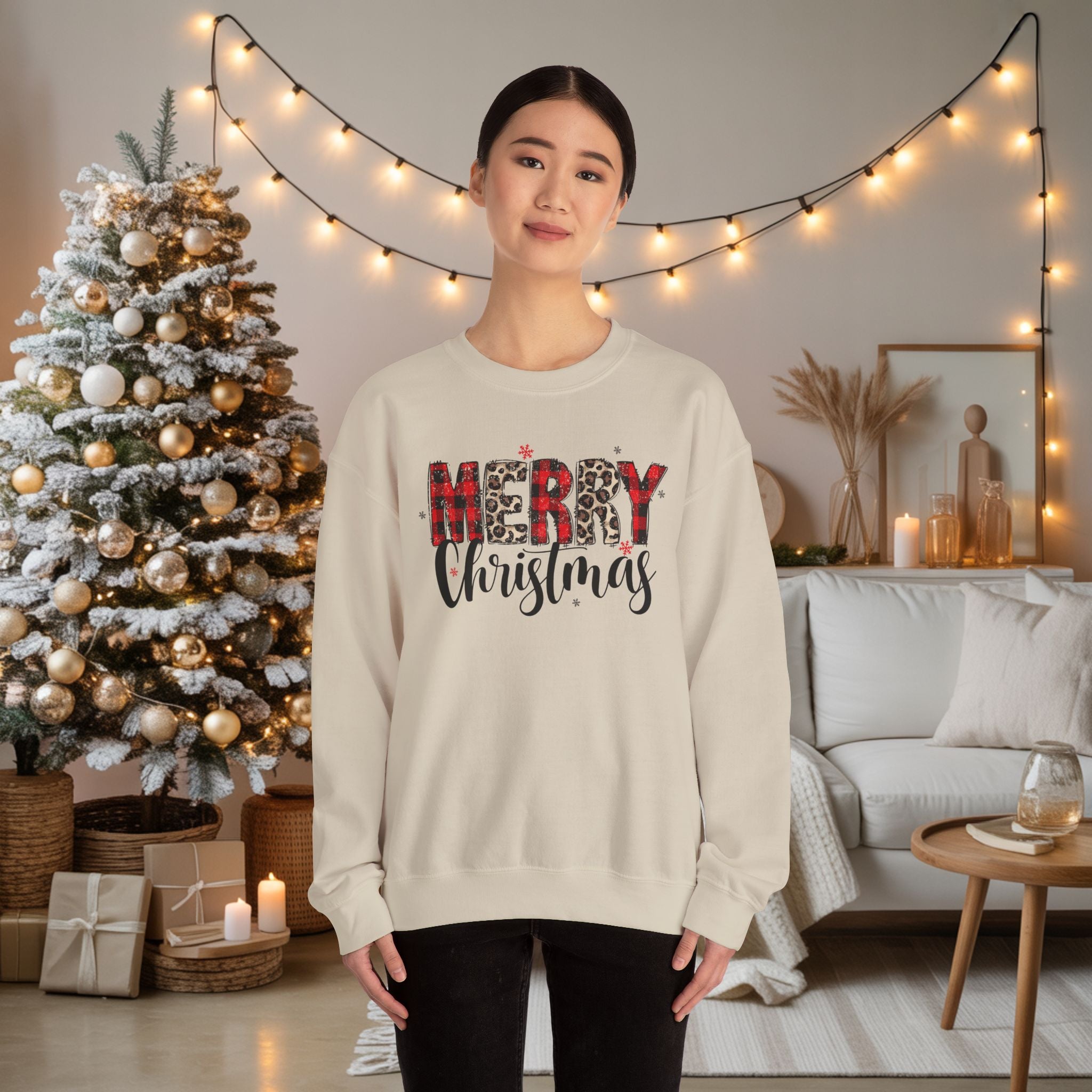 Merry Crewneck Sweatshirt • Leopard & Red Plaid Christmas Sweater • Cute Holiday Pullover for Women • Cozy Winter Sweatshirt • Gift for Her