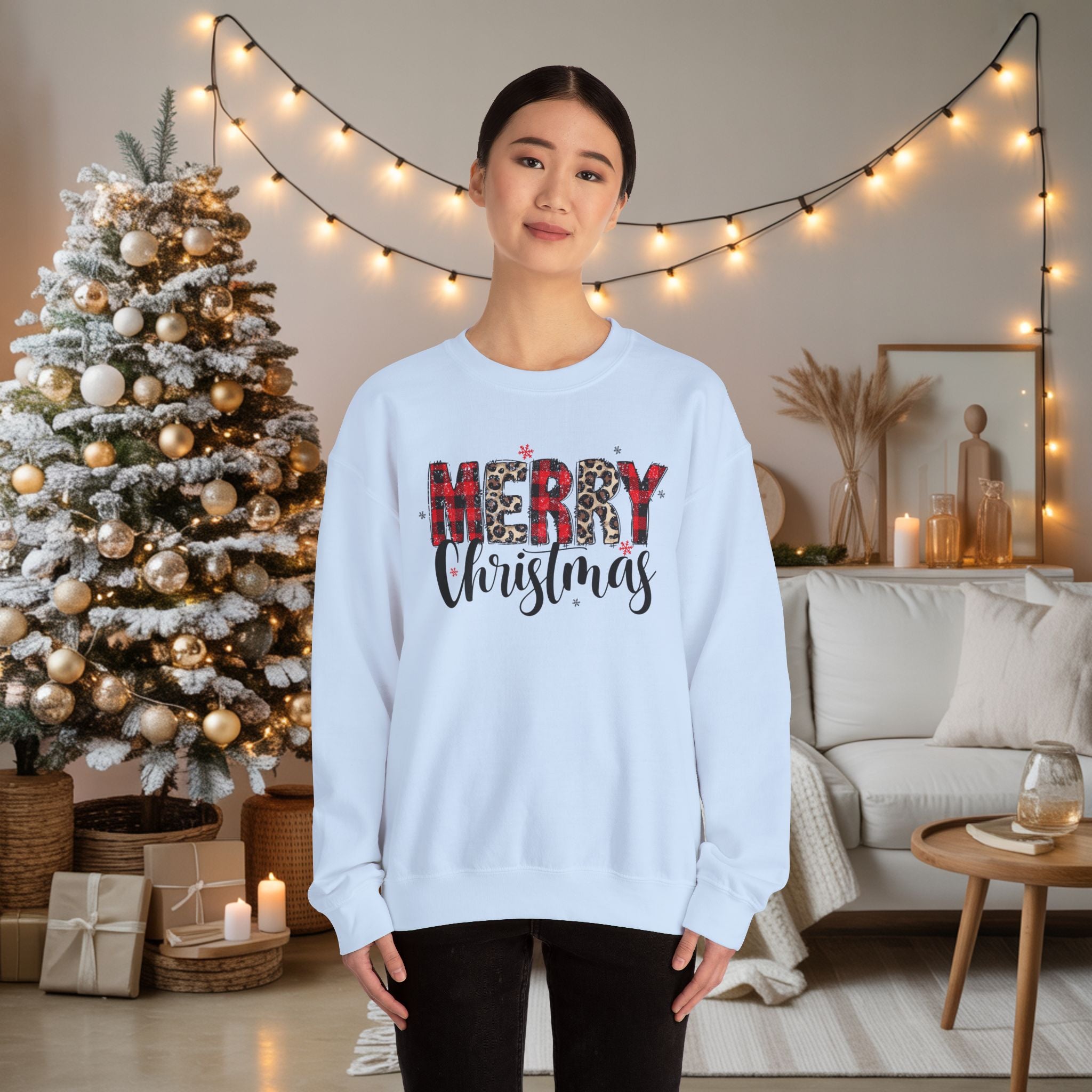 Merry Crewneck Sweatshirt • Leopard & Red Plaid Christmas Sweater • Cute Holiday Pullover for Women • Cozy Winter Sweatshirt • Gift for Her