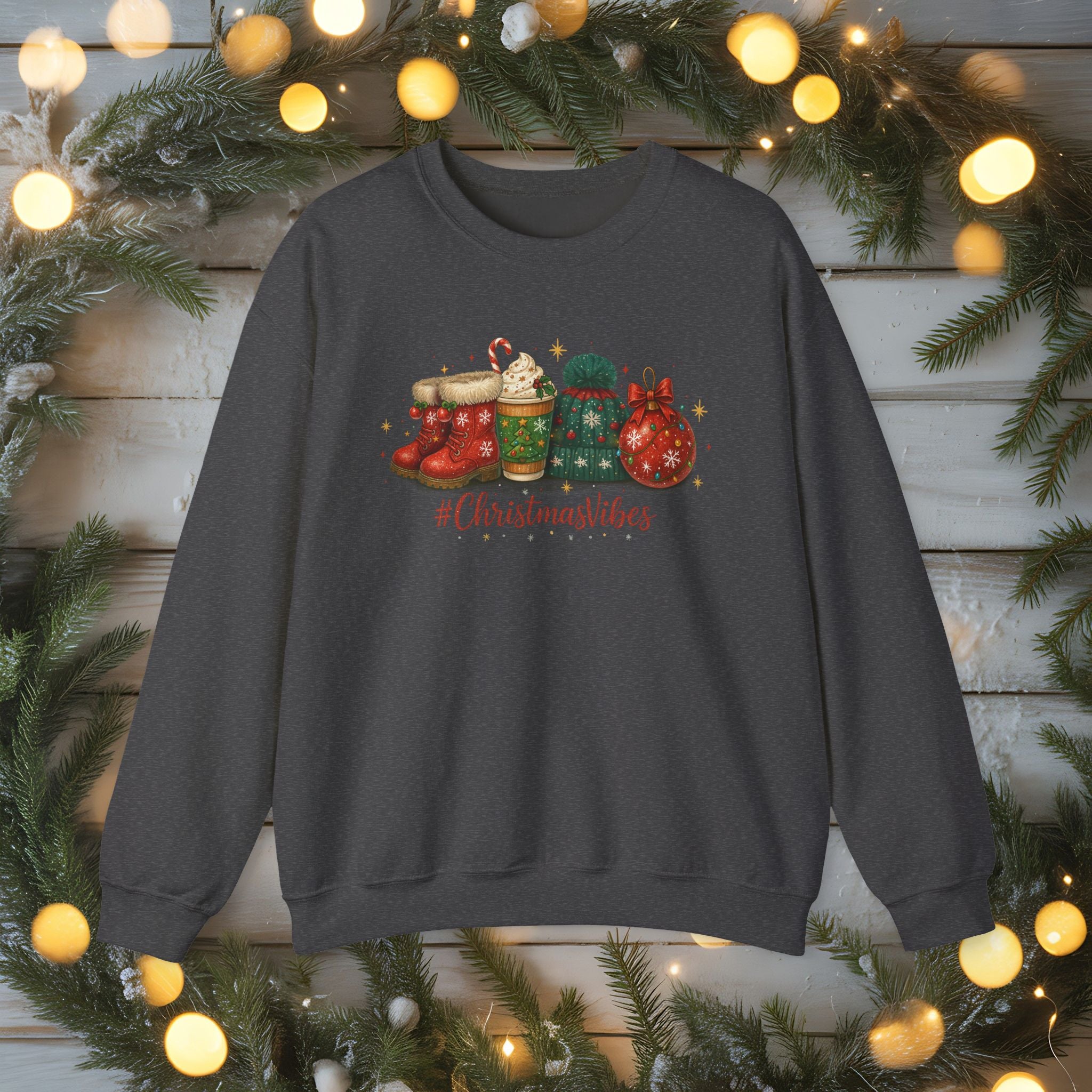 #ChristmasVibes Sweatshirt • Cute Holiday Crewneck • Red Boots, Beanie & Ornament Christmas Sweater • Winter Coffee Lover Sweatshirt • Cozy Gift