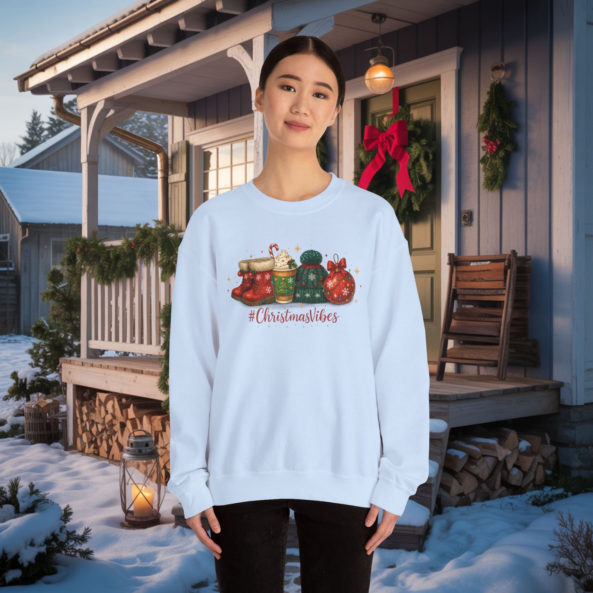 #ChristmasVibes Sweatshirt • Cute Holiday Crewneck • Red Boots, Beanie & Ornament Christmas Sweater • Winter Coffee Lover Sweatshirt • Cozy Gift