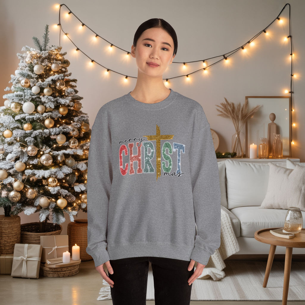 Merry CHRISTmas Sweatshirt • Christian Christmas Crewneck • Faux Glitter Cross Pullover • Faith Holiday Sweater • Jesus Christmas Shirt • Winter Gift for Her