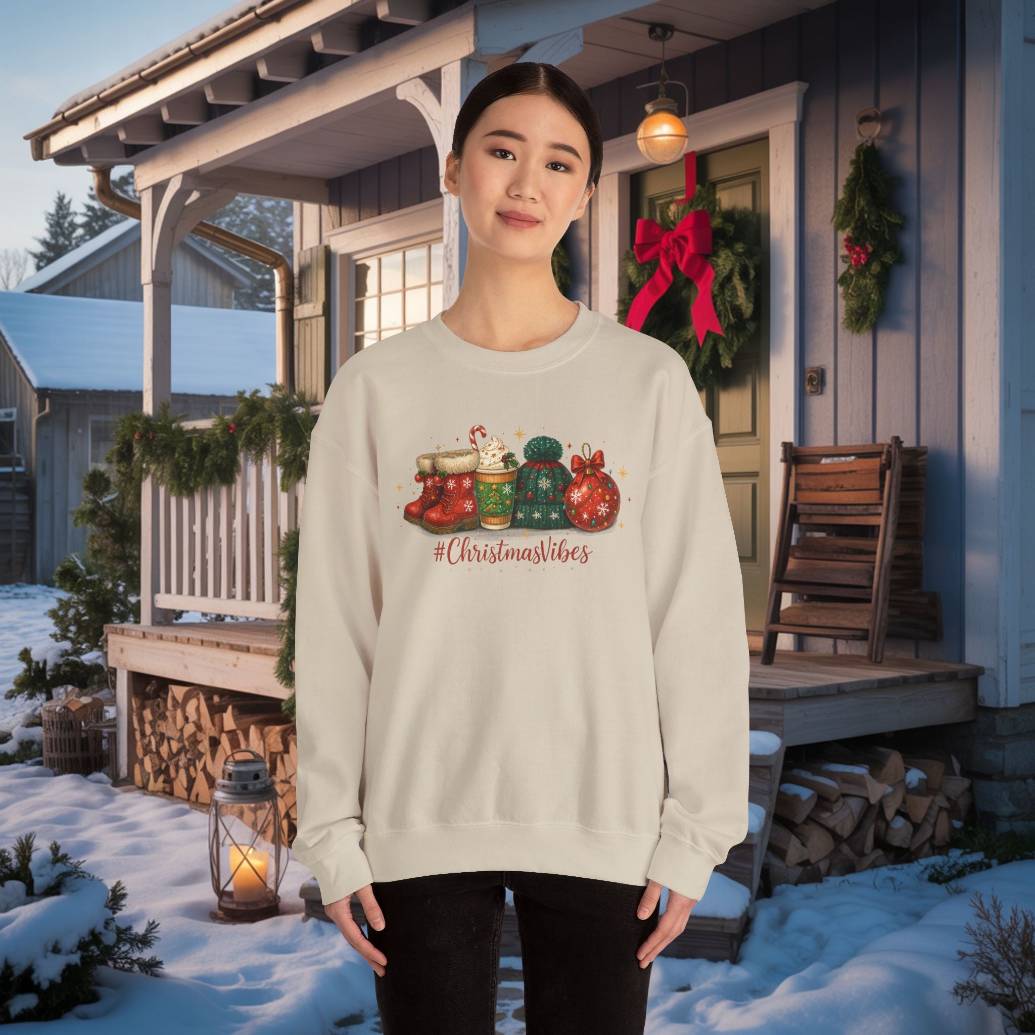 #ChristmasVibes Sweatshirt • Cute Holiday Crewneck • Red Boots, Beanie & Ornament Christmas Sweater • Winter Coffee Lover Sweatshirt • Cozy Gift