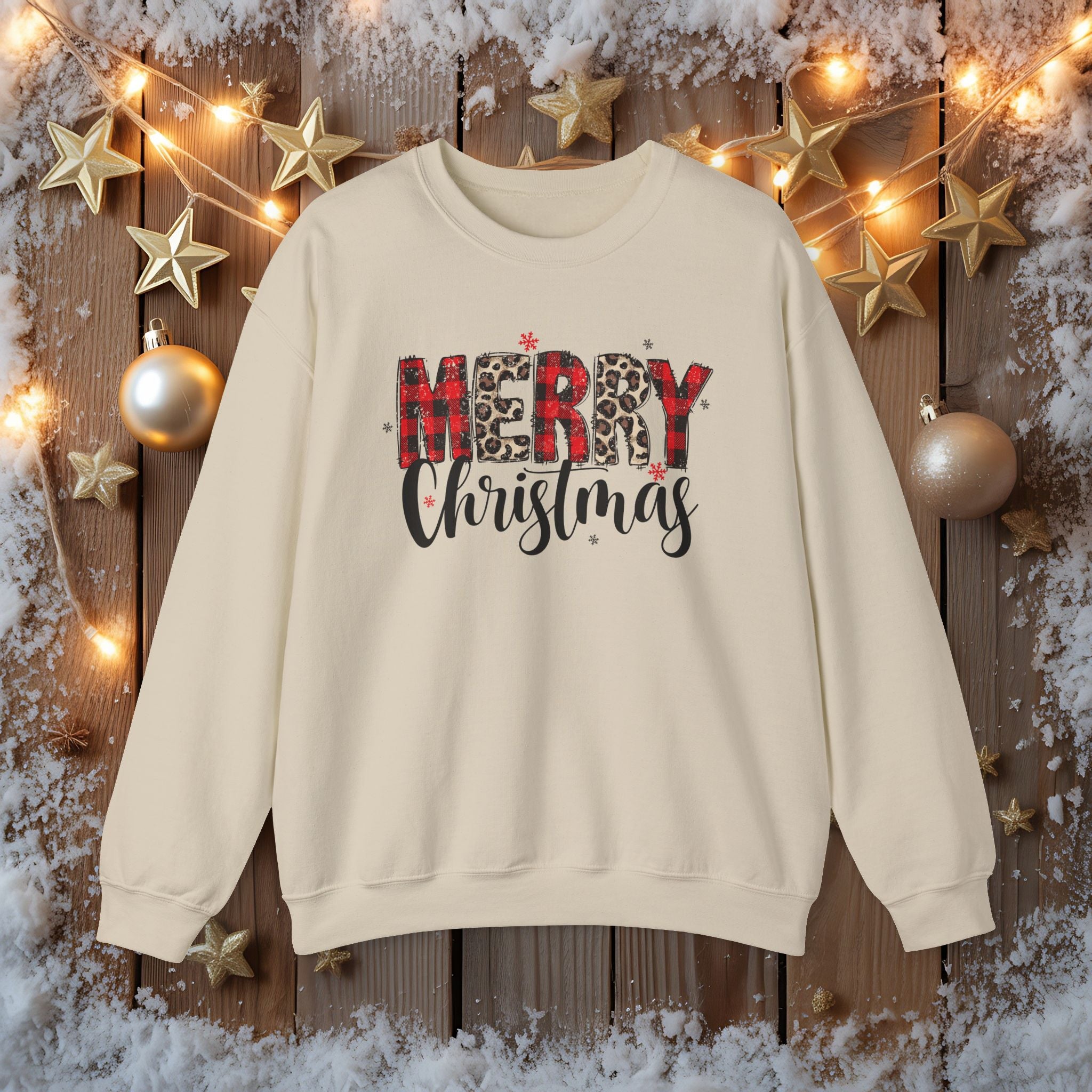 Merry Crewneck Sweatshirt • Leopard & Red Plaid Christmas Sweater • Cute Holiday Pullover for Women • Cozy Winter Sweatshirt • Gift for Her