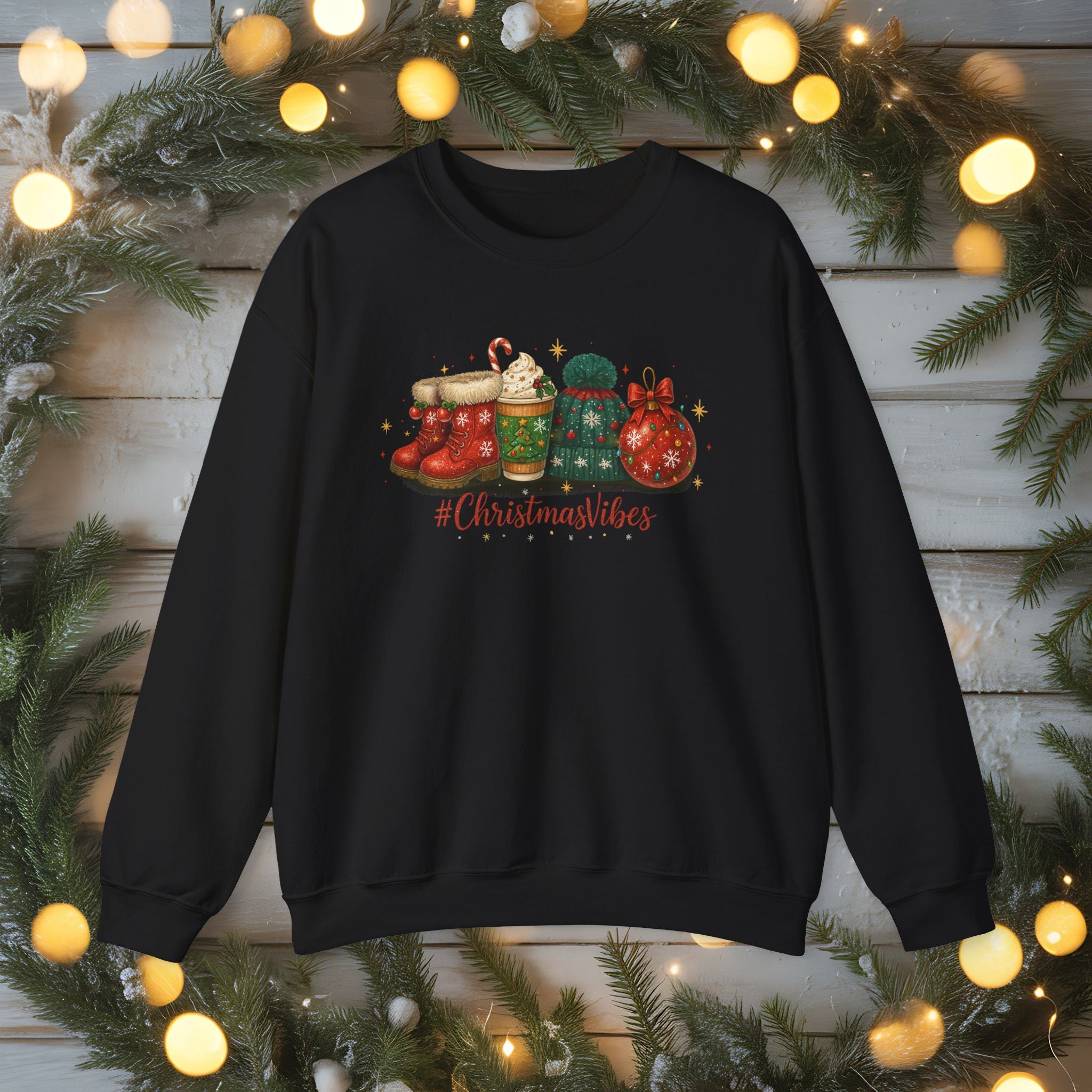 #ChristmasVibes Sweatshirt • Cute Holiday Crewneck • Red Boots, Beanie & Ornament Christmas Sweater • Winter Coffee Lover Sweatshirt • Cozy Gift