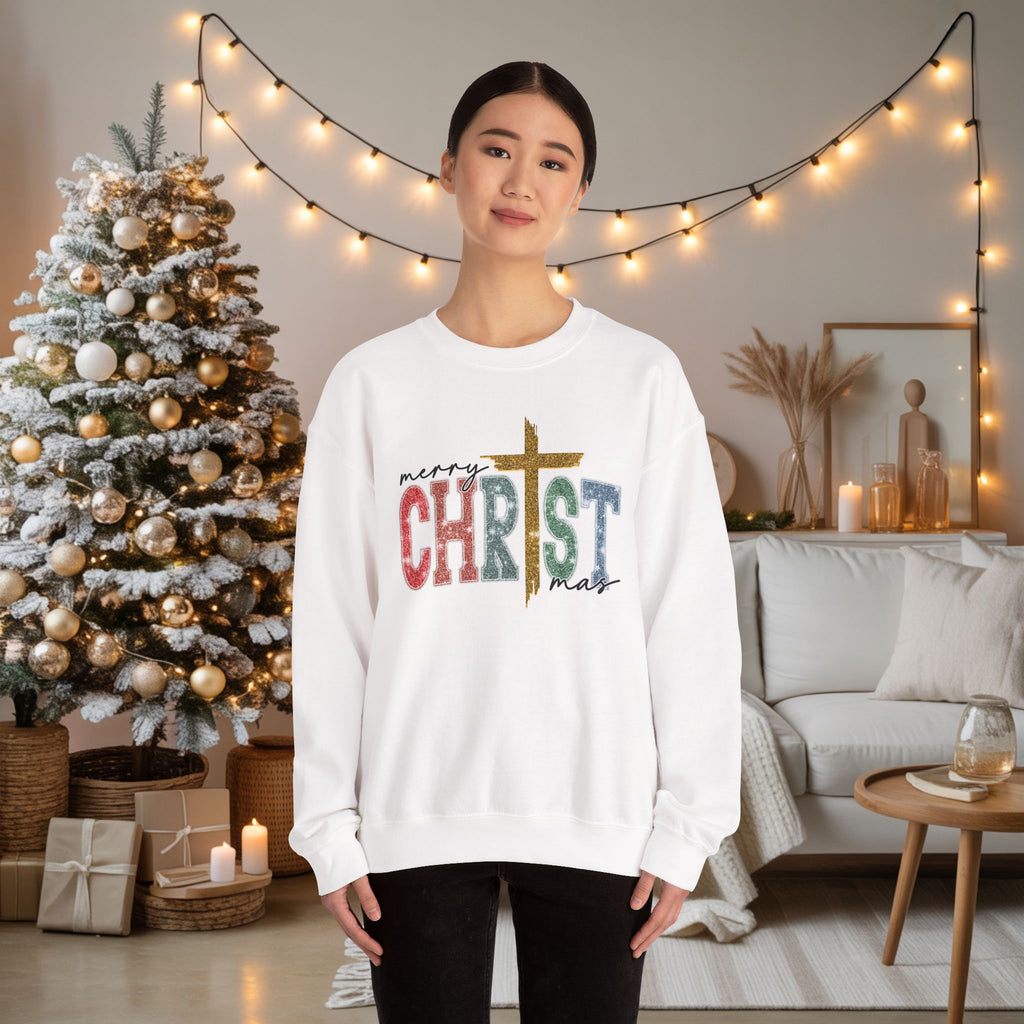 Merry CHRISTmas Sweatshirt • Christian Christmas Crewneck • Faux Glitter Cross Pullover • Faith Holiday Sweater • Jesus Christmas Shirt • Winter Gift for Her