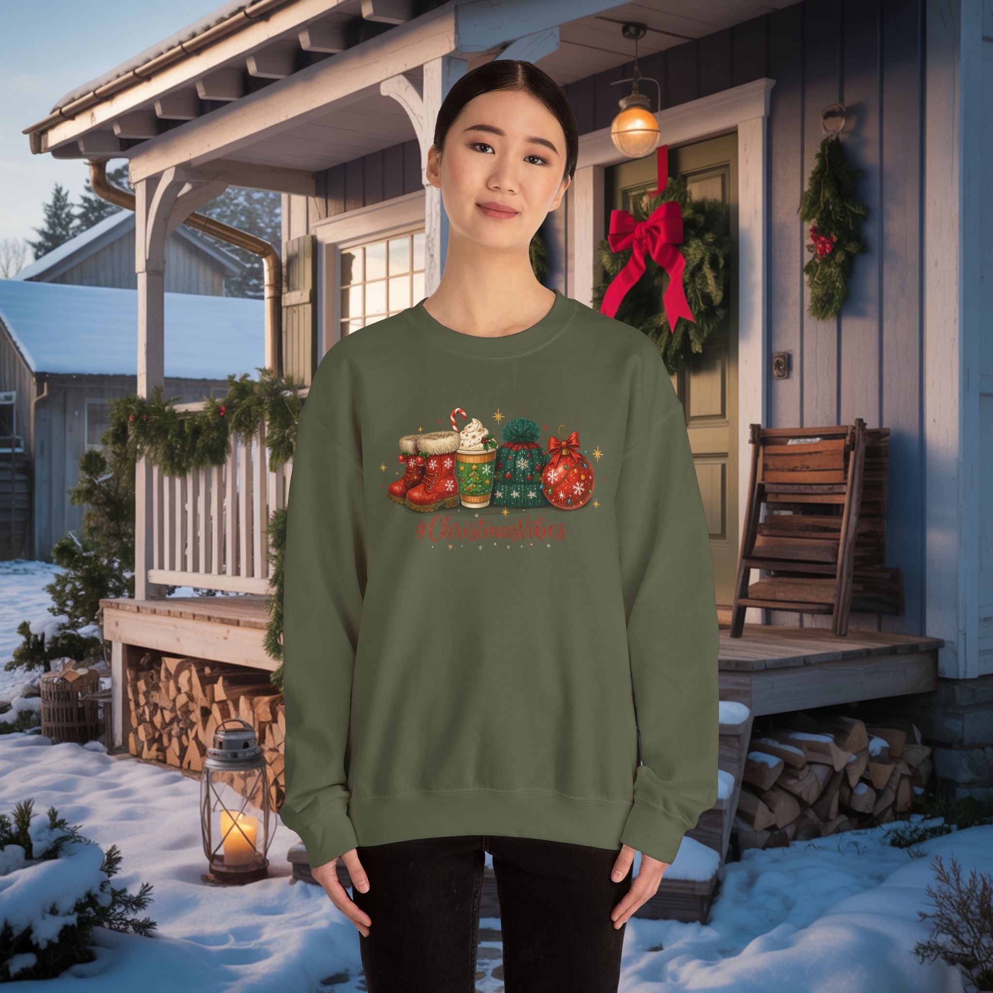 #ChristmasVibes Sweatshirt • Cute Holiday Crewneck • Red Boots, Beanie & Ornament Christmas Sweater • Winter Coffee Lover Sweatshirt • Cozy Gift