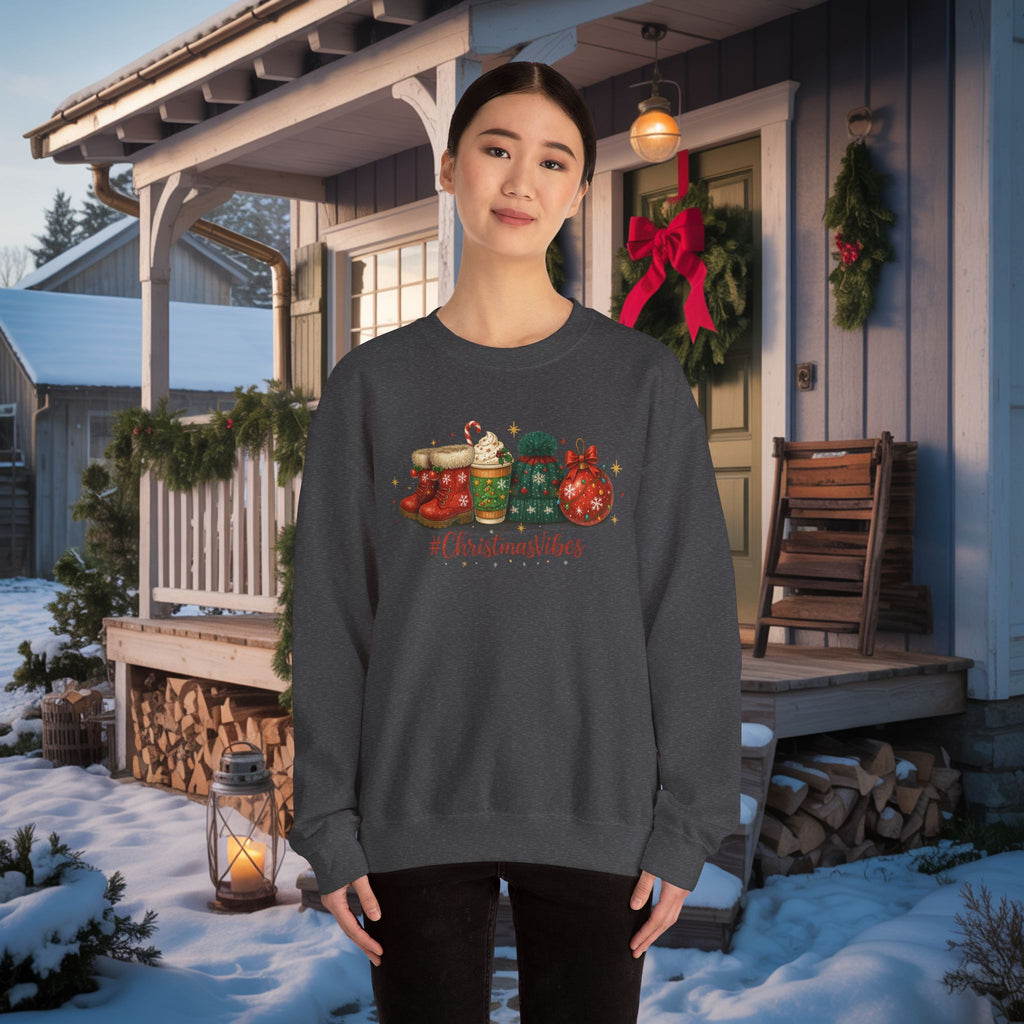 #ChristmasVibes Sweatshirt • Cute Holiday Crewneck • Red Boots, Beanie & Ornament Christmas Sweater • Winter Coffee Lover Sweatshirt • Cozy Gift