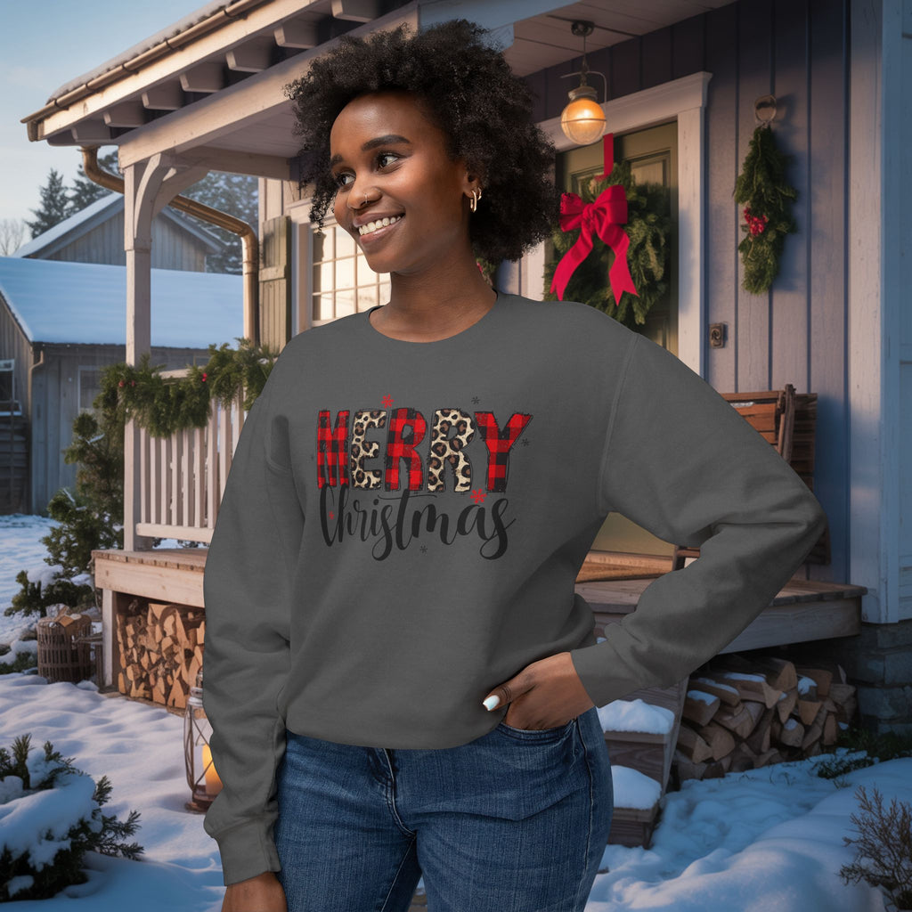 Merry Sweatshirt • Red Plaid & Leopard Print Christmas Sweater • Comfort Colors Crewneck • Trendy Holiday Sweatshirt for Women • Cute Winter Gift