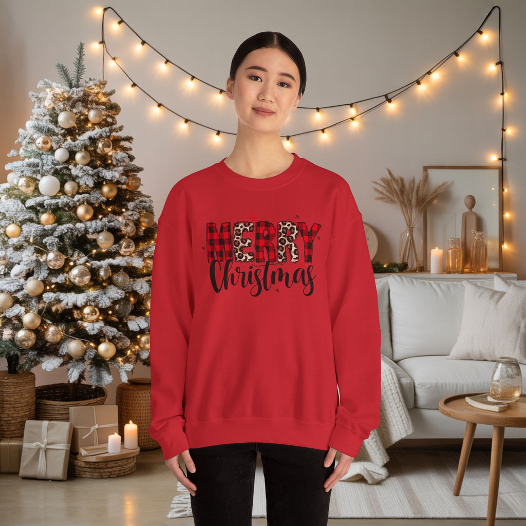 Merry Crewneck Sweatshirt • Leopard & Red Plaid Christmas Sweater • Cute Holiday Pullover for Women • Cozy Winter Sweatshirt • Gift for Her