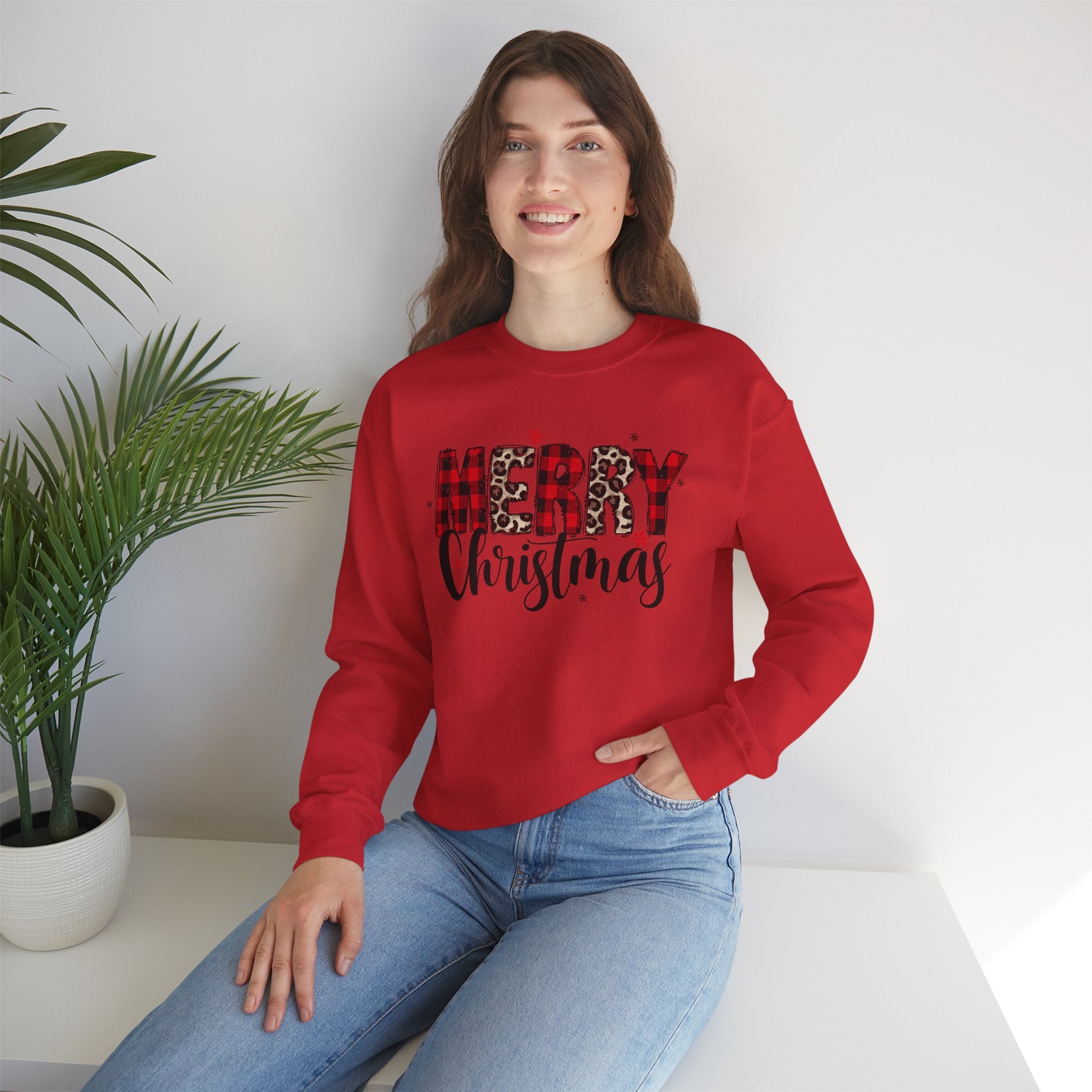Merry Crewneck Sweatshirt • Leopard & Red Plaid Christmas Sweater • Cute Holiday Pullover for Women • Cozy Winter Sweatshirt • Gift for Her