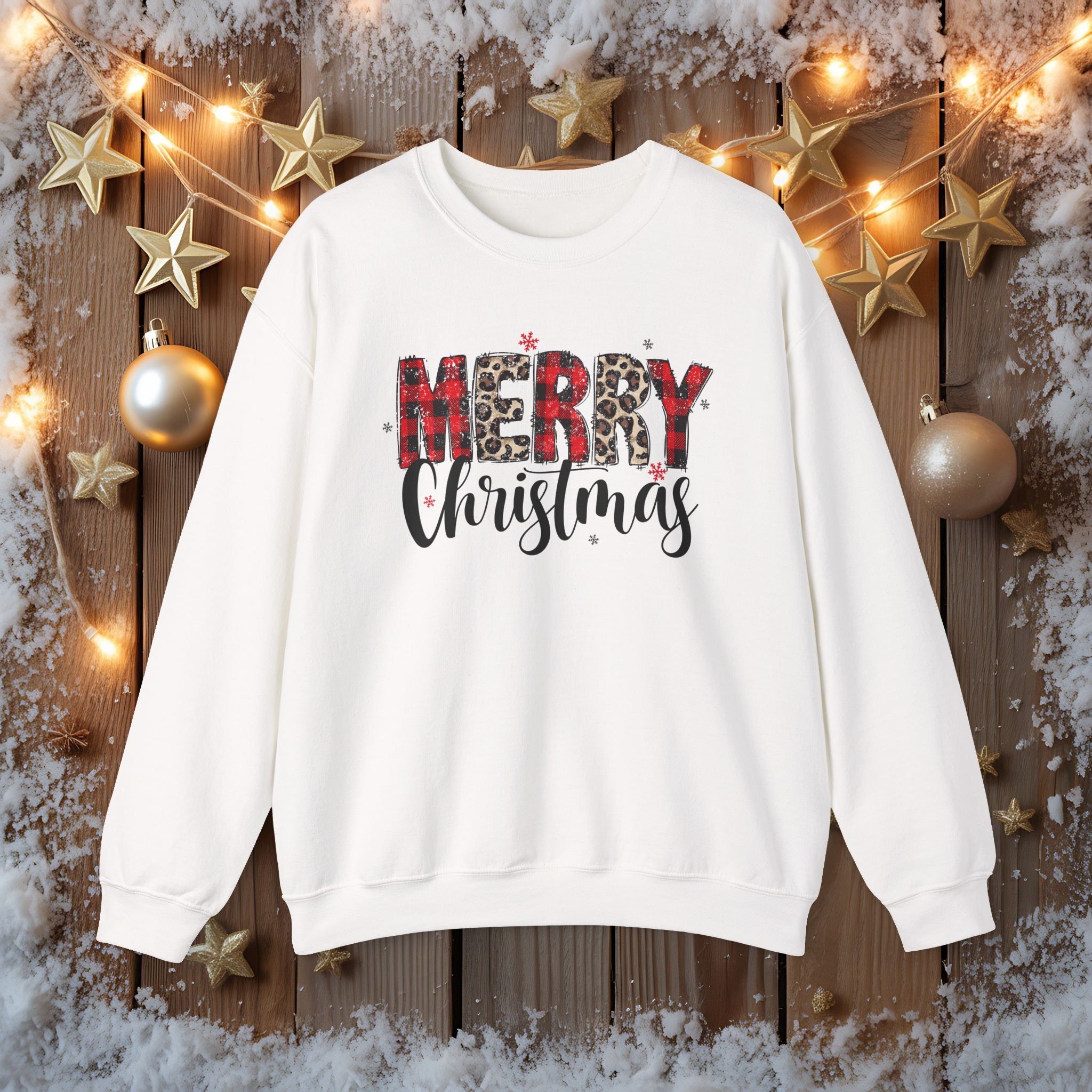Merry Crewneck Sweatshirt • Leopard & Red Plaid Christmas Sweater • Cute Holiday Pullover for Women • Cozy Winter Sweatshirt • Gift for Her