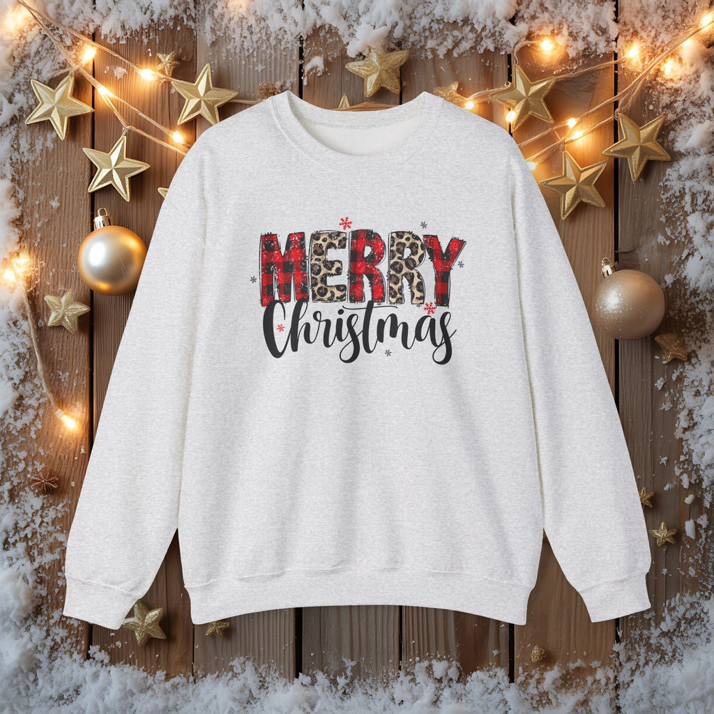 Merry Crewneck Sweatshirt • Leopard & Red Plaid Christmas Sweater • Cute Holiday Pullover for Women • Cozy Winter Sweatshirt • Gift for Her