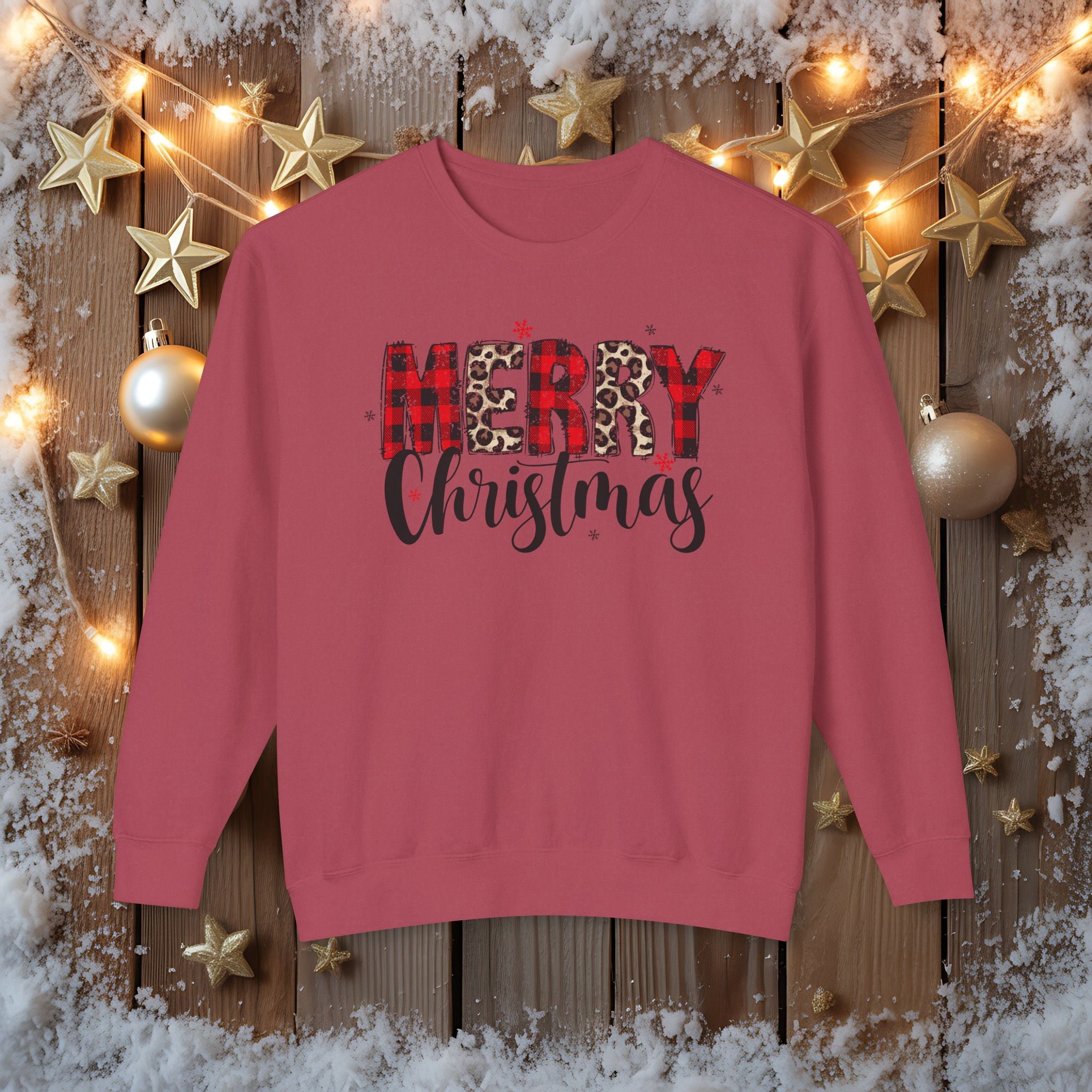 Merry Sweatshirt • Red Plaid & Leopard Print Christmas Sweater • Comfort Colors Crewneck • Trendy Holiday Sweatshirt for Women • Cute Winter Gift