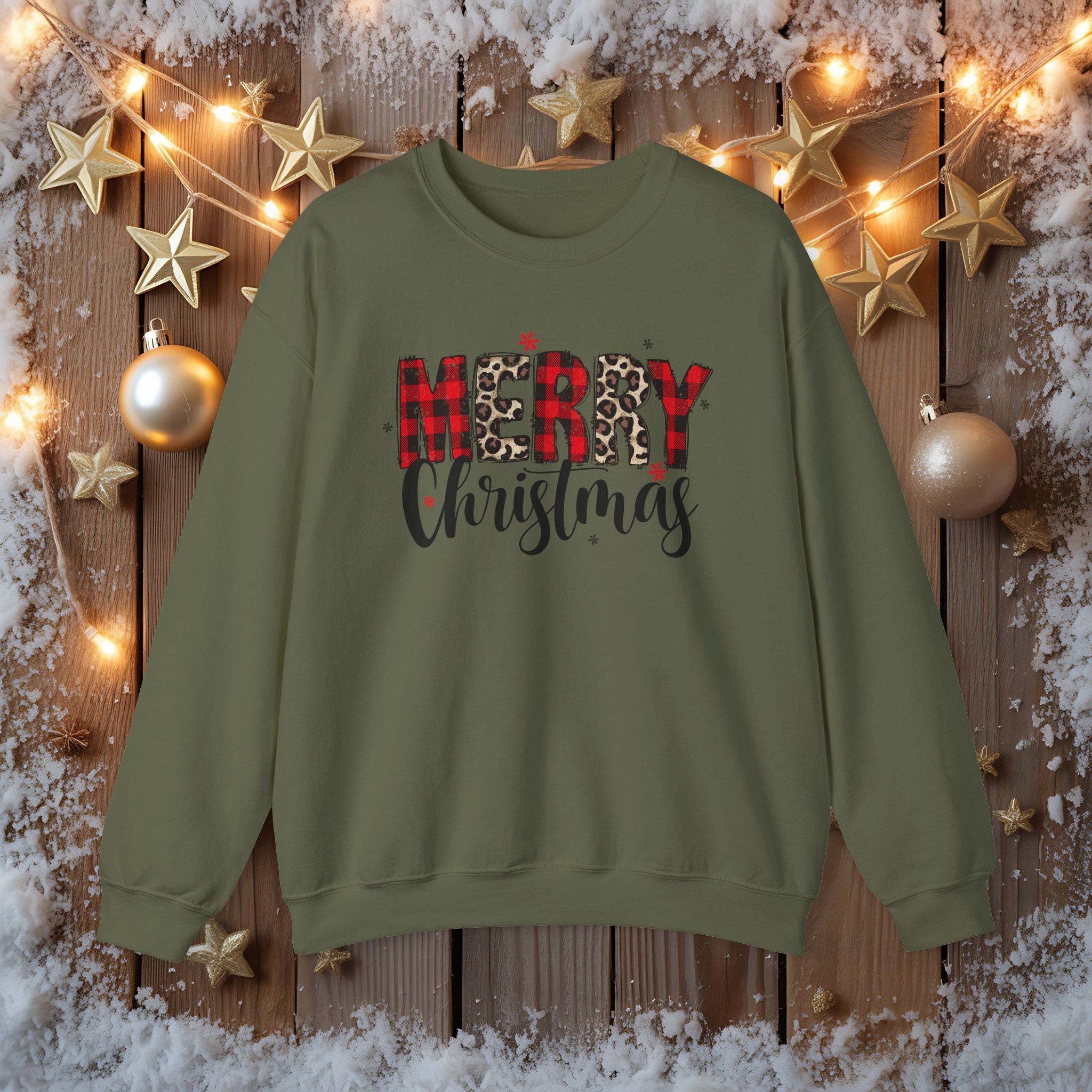 Merry Crewneck Sweatshirt • Leopard & Red Plaid Christmas Sweater • Cute Holiday Pullover for Women • Cozy Winter Sweatshirt • Gift for Her