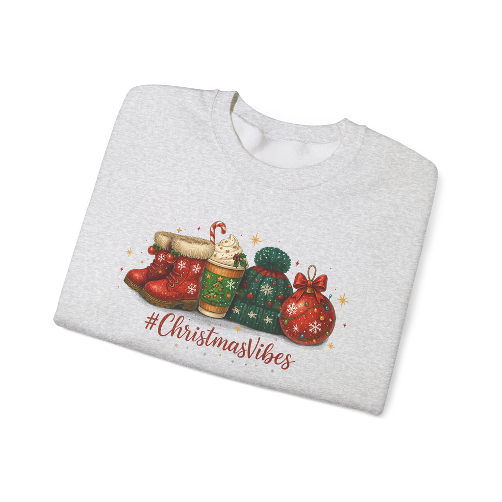 #ChristmasVibes Sweatshirt • Cute Holiday Crewneck • Red Boots, Beanie & Ornament Christmas Sweater • Winter Coffee Lover Sweatshirt • Cozy Gift