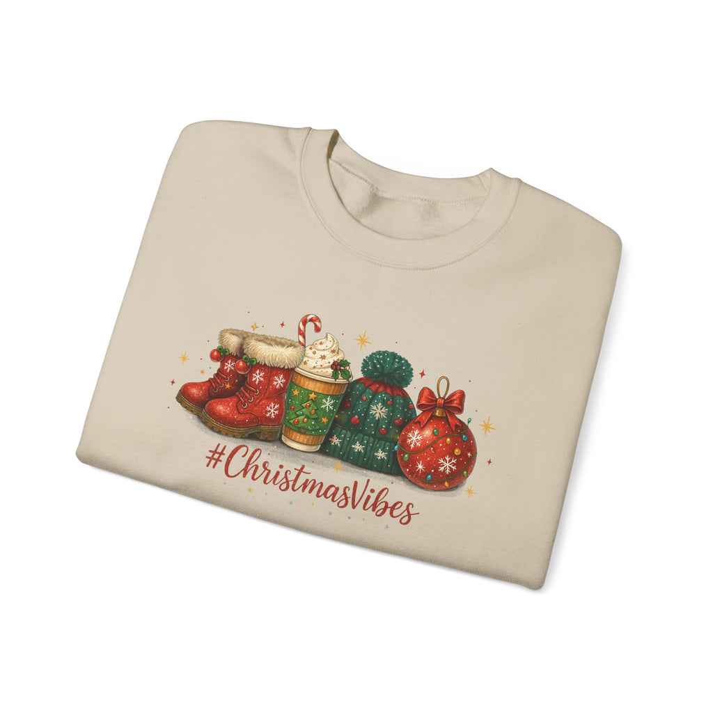 #ChristmasVibes Sweatshirt • Cute Holiday Crewneck • Red Boots, Beanie & Ornament Christmas Sweater • Winter Coffee Lover Sweatshirt • Cozy Gift