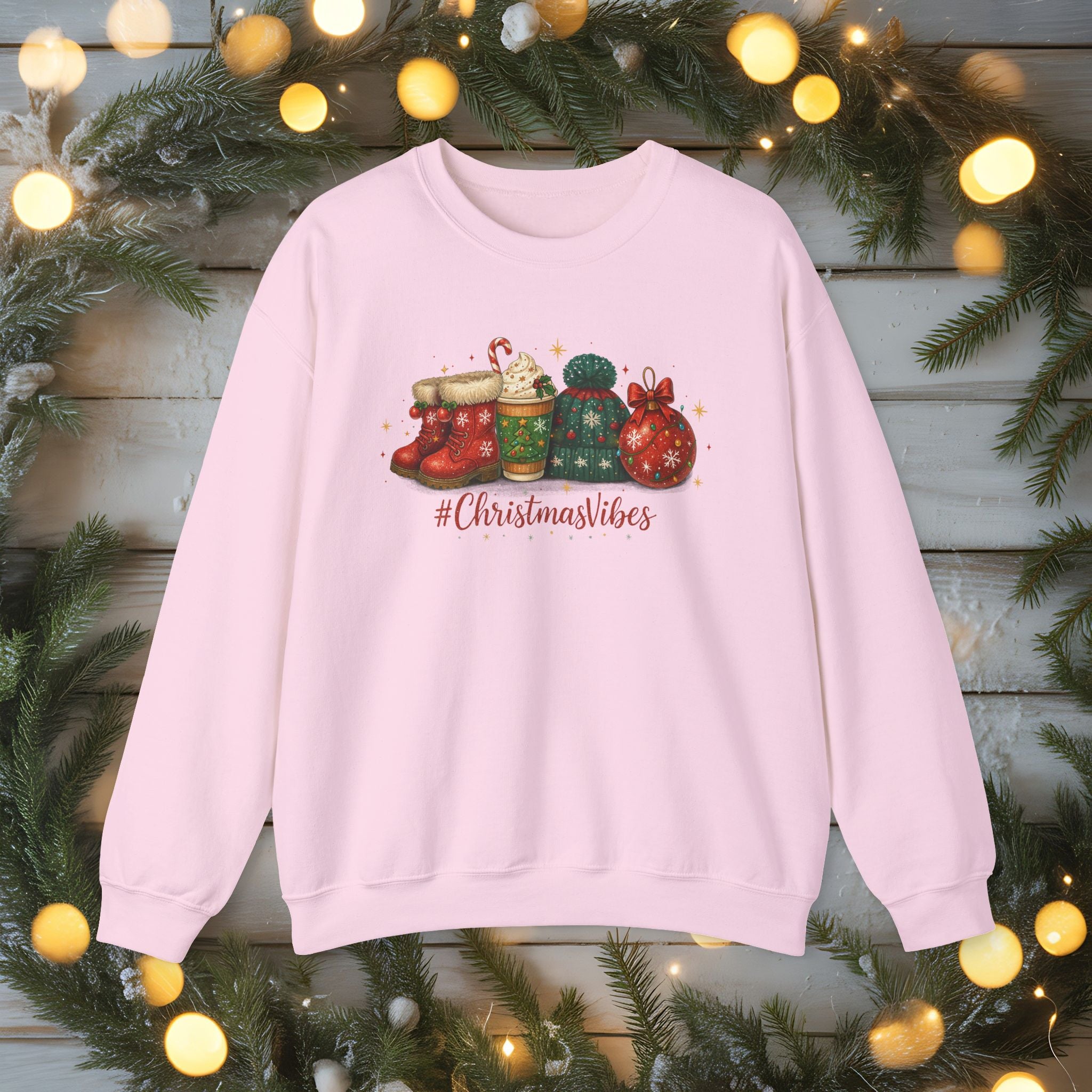 #ChristmasVibes Sweatshirt • Cute Holiday Crewneck • Red Boots, Beanie & Ornament Christmas Sweater • Winter Coffee Lover Sweatshirt • Cozy Gift
