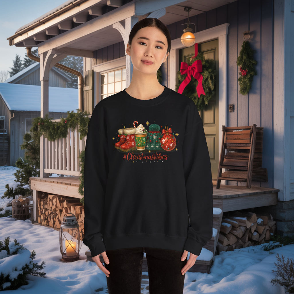 #ChristmasVibes Sweatshirt • Cute Holiday Crewneck • Red Boots, Beanie & Ornament Christmas Sweater • Winter Coffee Lover Sweatshirt • Cozy Gift