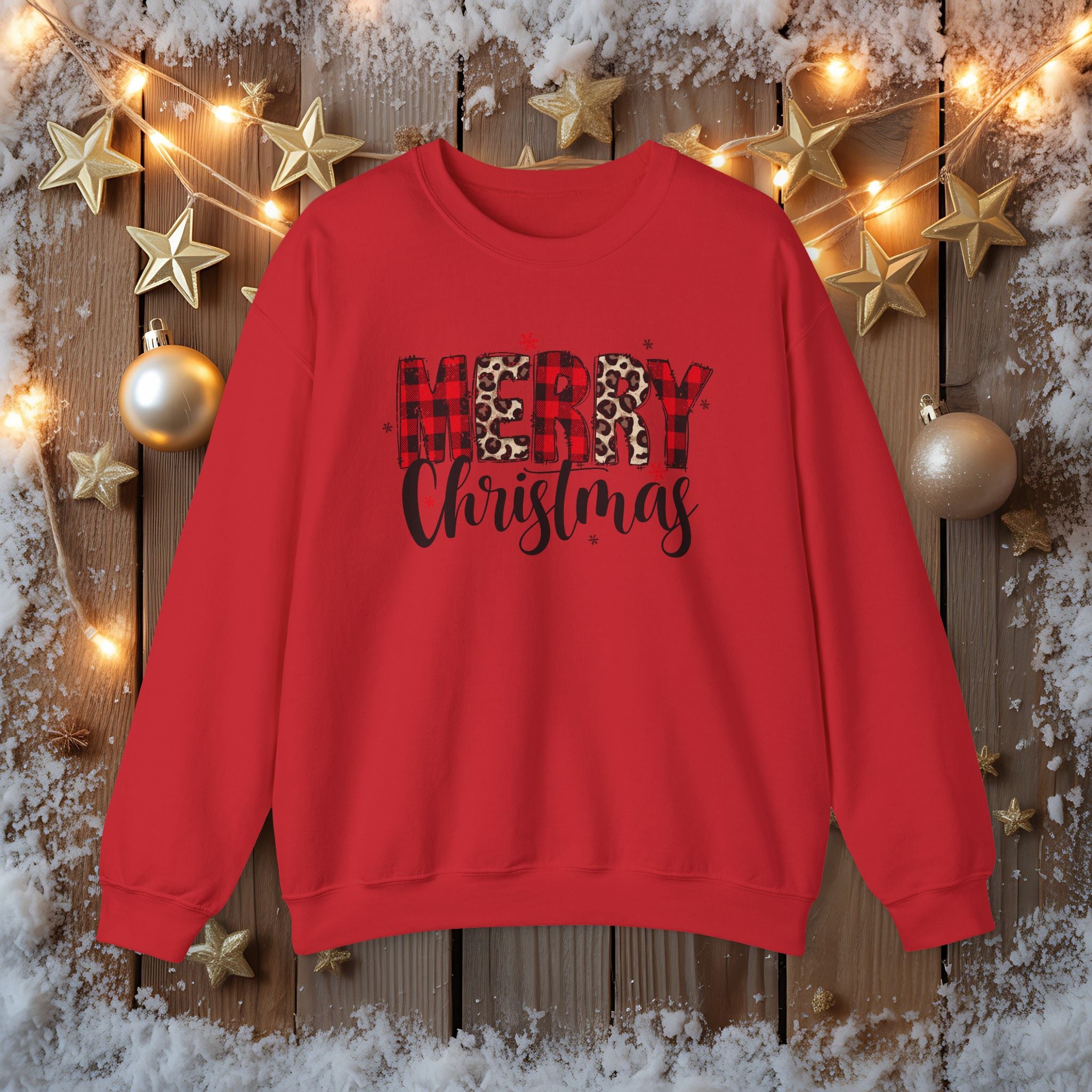 Merry Crewneck Sweatshirt • Leopard & Red Plaid Christmas Sweater • Cute Holiday Pullover for Women • Cozy Winter Sweatshirt • Gift for Her