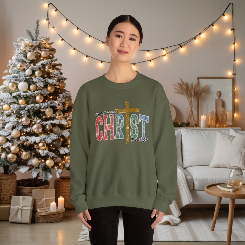 Merry CHRISTmas Sweatshirt • Christian Christmas Crewneck • Faux Glitter Cross Pullover • Faith Holiday Sweater • Jesus Christmas Shirt • Winter Gift for Her