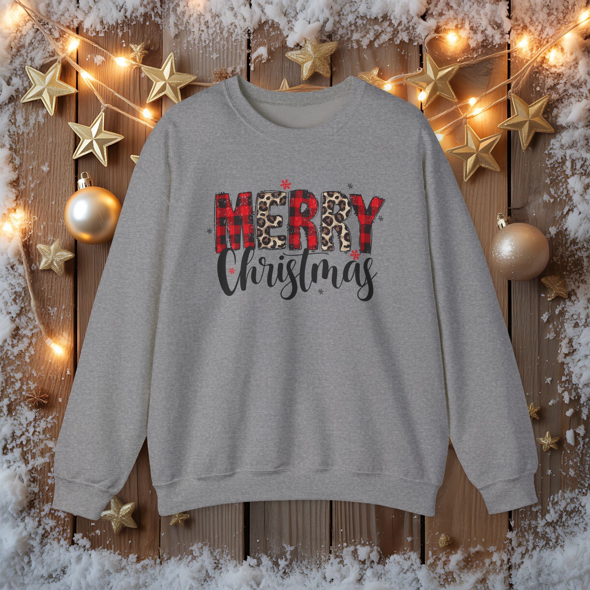 Merry Crewneck Sweatshirt • Leopard & Red Plaid Christmas Sweater • Cute Holiday Pullover for Women • Cozy Winter Sweatshirt • Gift for Her