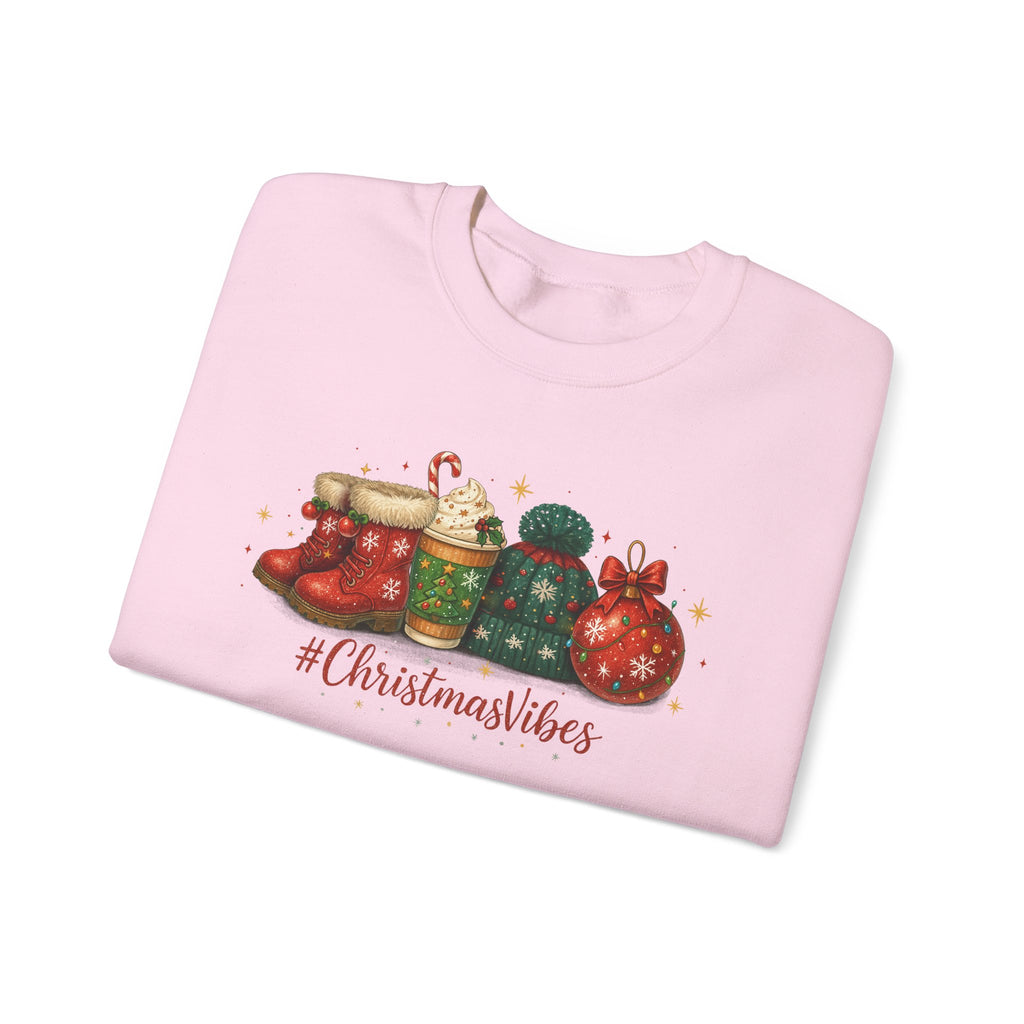 #ChristmasVibes Sweatshirt • Cute Holiday Crewneck • Red Boots, Beanie & Ornament Christmas Sweater • Winter Coffee Lover Sweatshirt • Cozy Gift