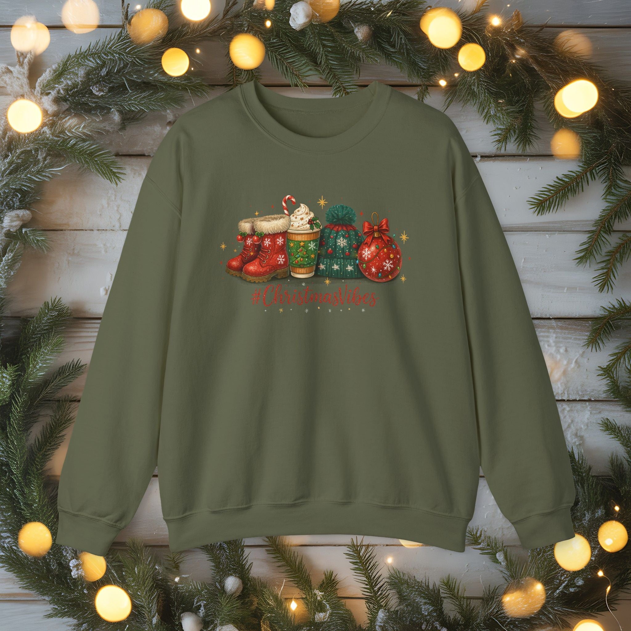 #ChristmasVibes Sweatshirt • Cute Holiday Crewneck • Red Boots, Beanie & Ornament Christmas Sweater • Winter Coffee Lover Sweatshirt • Cozy Gift