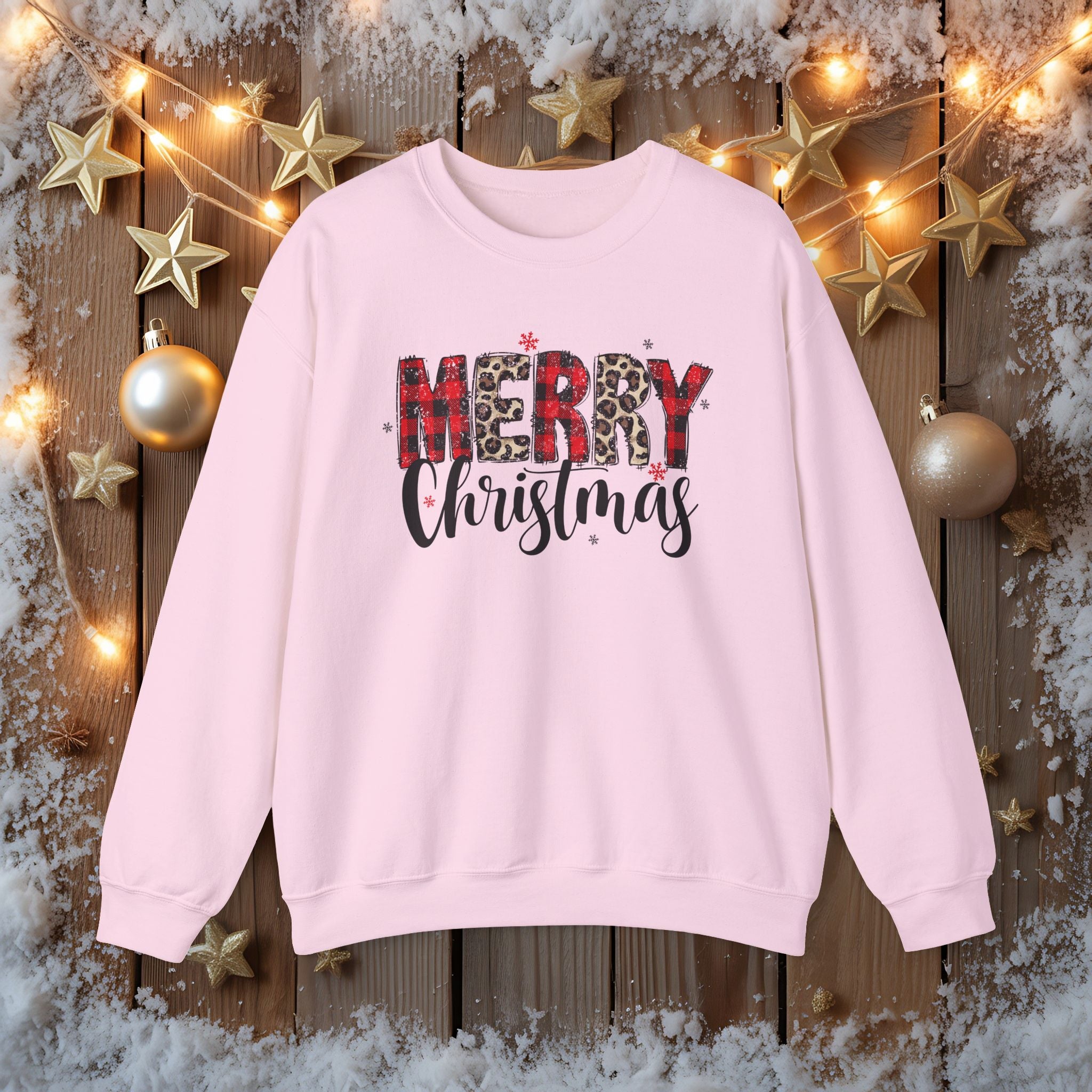 Merry Crewneck Sweatshirt • Leopard & Red Plaid Christmas Sweater • Cute Holiday Pullover for Women • Cozy Winter Sweatshirt • Gift for Her