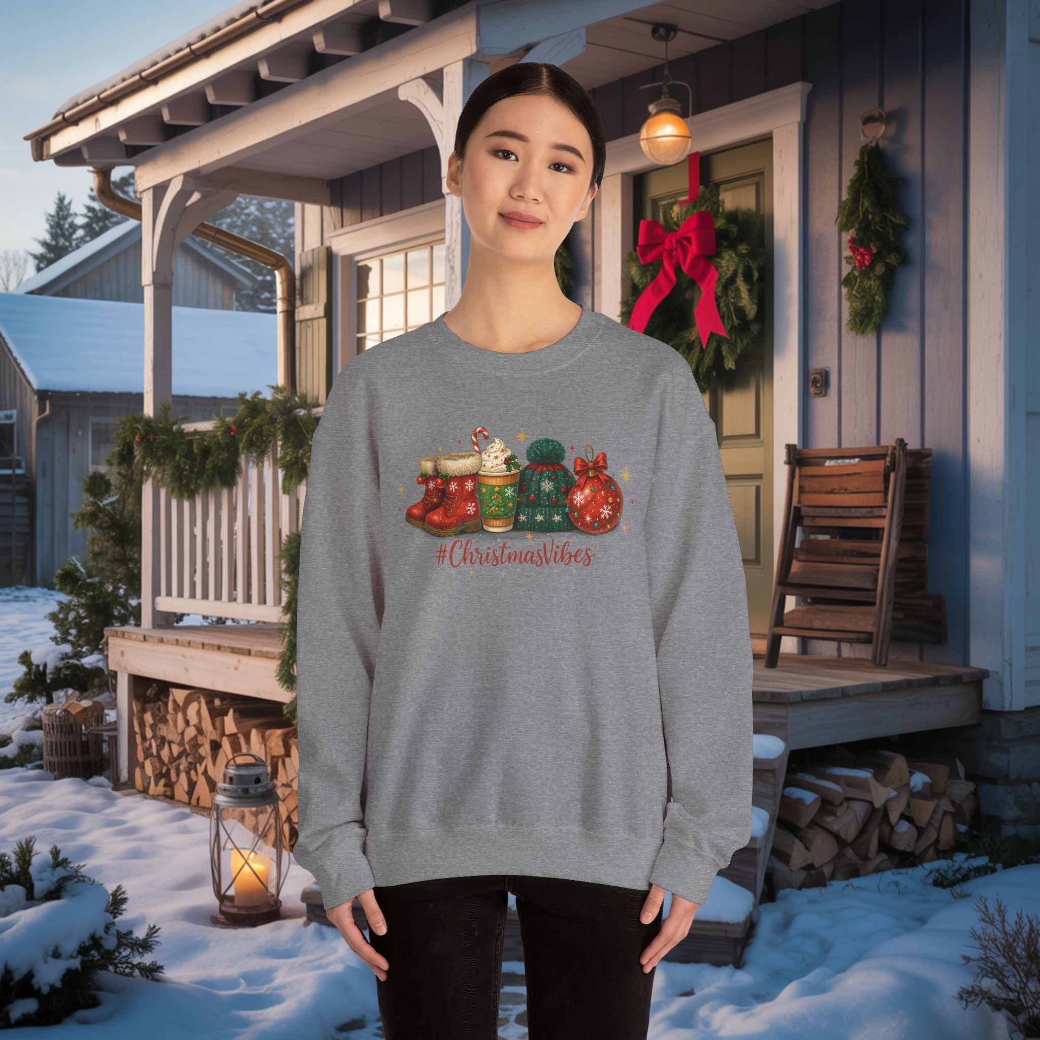 #ChristmasVibes Sweatshirt • Cute Holiday Crewneck • Red Boots, Beanie & Ornament Christmas Sweater • Winter Coffee Lover Sweatshirt • Cozy Gift