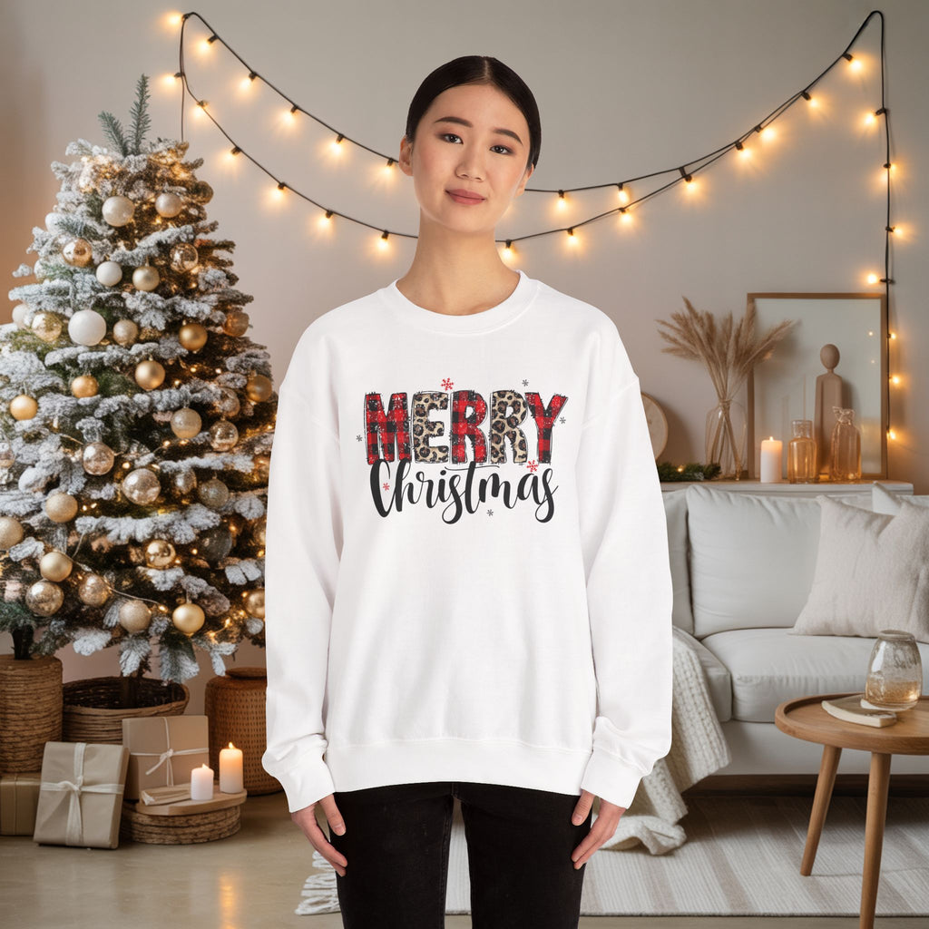 Merry Crewneck Sweatshirt • Leopard & Red Plaid Christmas Sweater • Cute Holiday Pullover for Women • Cozy Winter Sweatshirt • Gift for Her