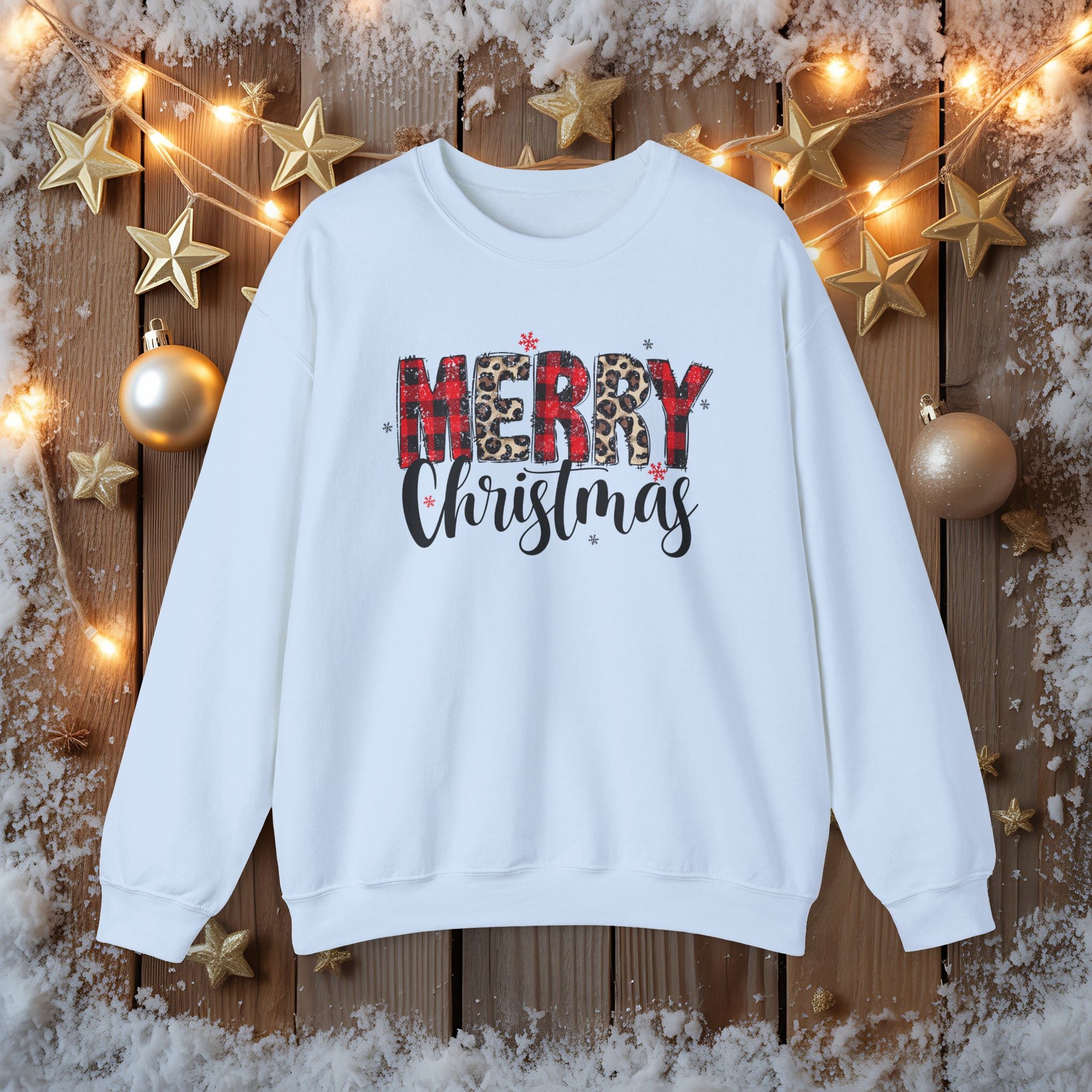 Merry Crewneck Sweatshirt • Leopard & Red Plaid Christmas Sweater • Cute Holiday Pullover for Women • Cozy Winter Sweatshirt • Gift for Her