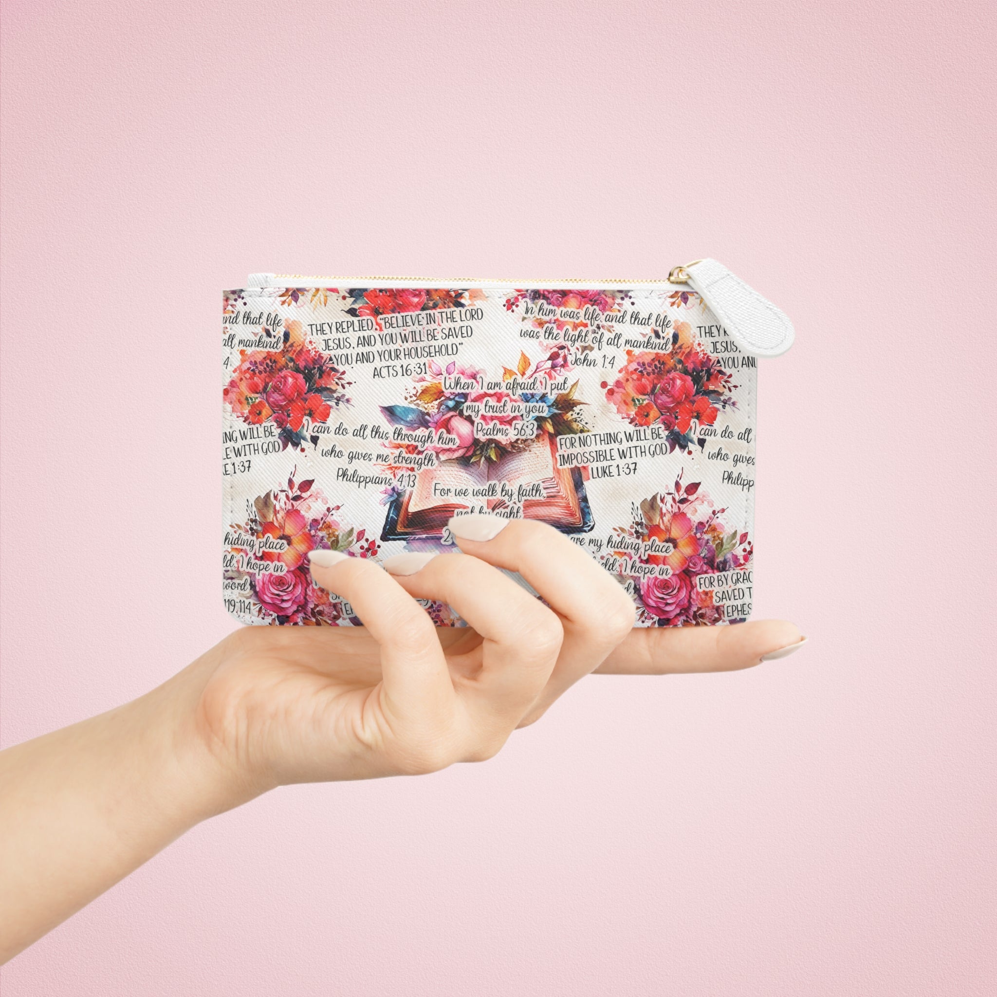 Floral Scripture Mini Clutch — Bible Verse Accent Pouch