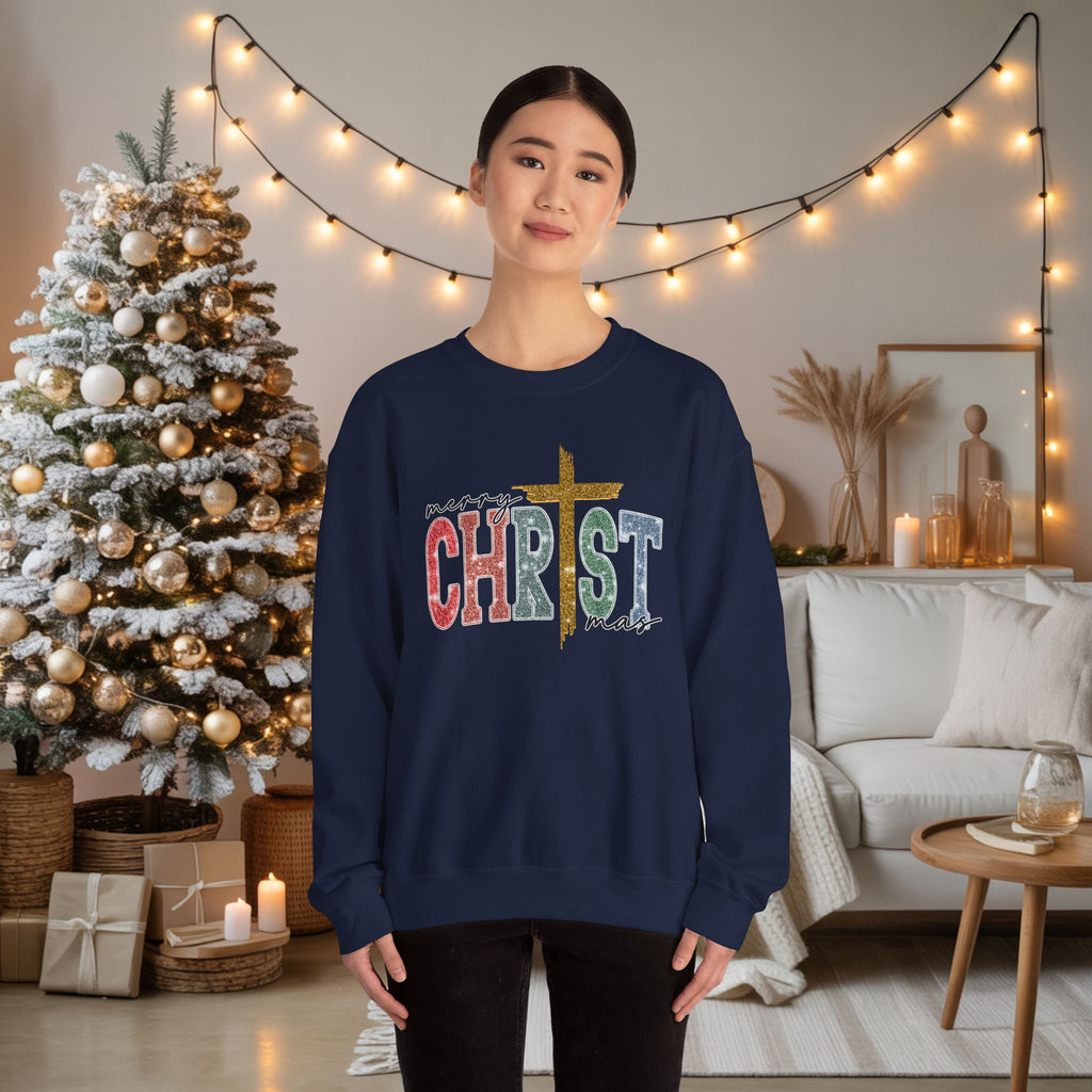 Merry CHRISTmas Sweatshirt • Christian Christmas Crewneck • Faux Glitter Cross Pullover • Faith Holiday Sweater • Jesus Christmas Shirt • Winter Gift for Her