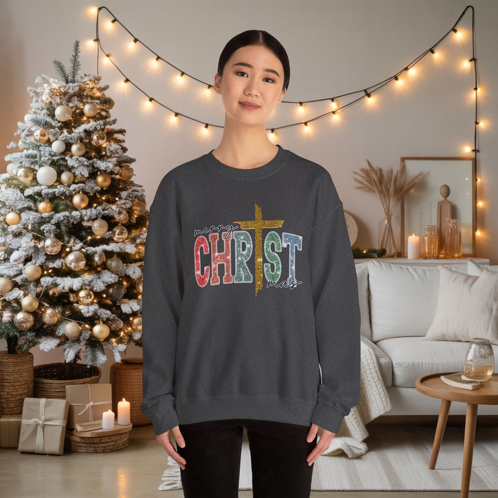 Merry CHRISTmas Sweatshirt • Christian Christmas Crewneck • Faux Glitter Cross Pullover • Faith Holiday Sweater • Jesus Christmas Shirt • Winter Gift for Her