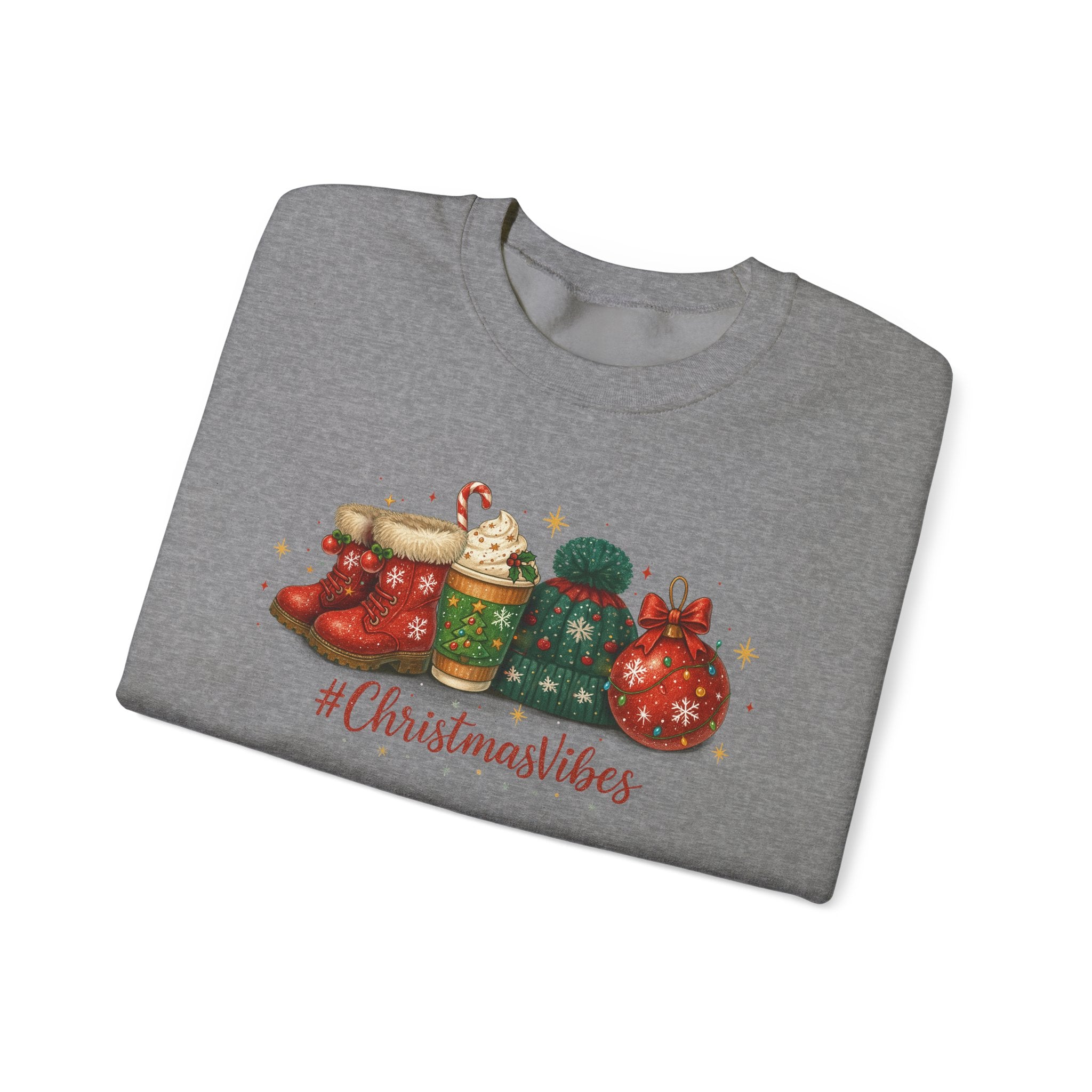 #ChristmasVibes Sweatshirt • Cute Holiday Crewneck • Red Boots, Beanie & Ornament Christmas Sweater • Winter Coffee Lover Sweatshirt • Cozy Gift
