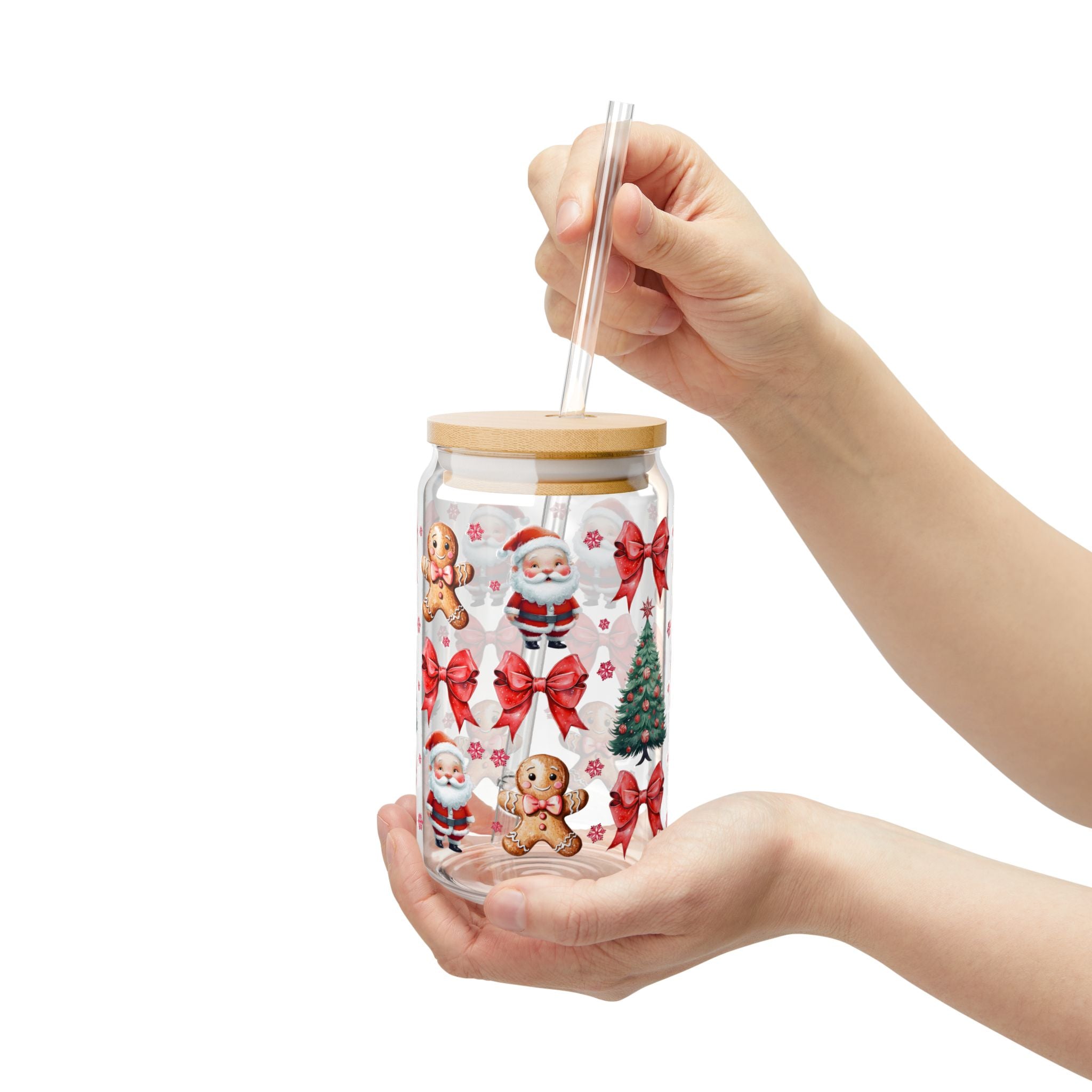 Christmas and Gingerbread Sipper Glass with Bamboo Lid, 16oz