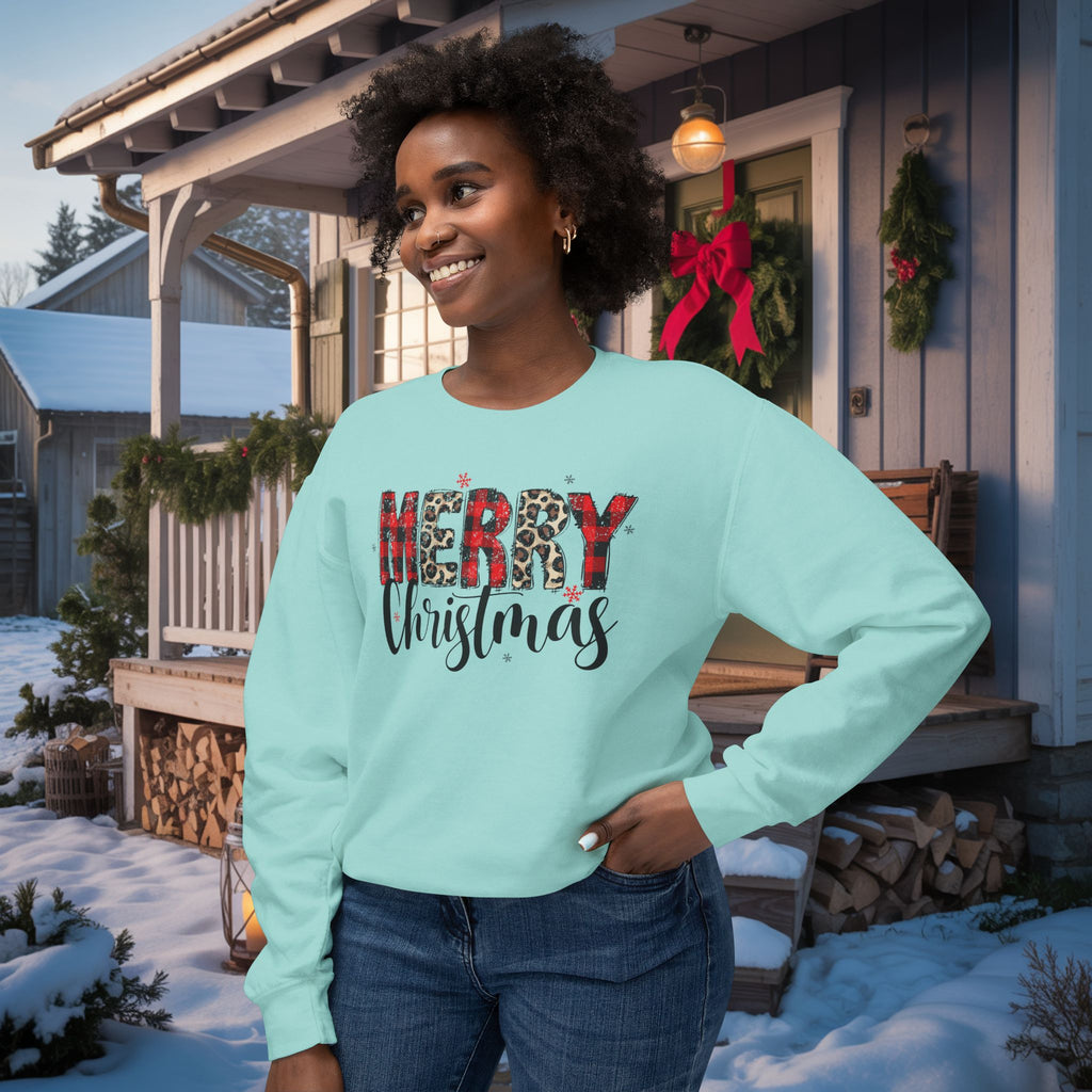 Merry Sweatshirt • Red Plaid & Leopard Print Christmas Sweater • Comfort Colors Crewneck • Trendy Holiday Sweatshirt for Women • Cute Winter Gift