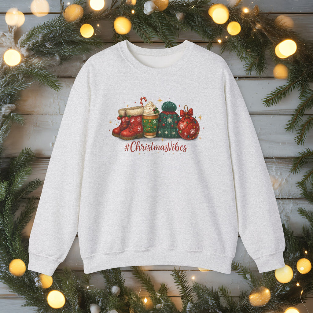 #ChristmasVibes Sweatshirt • Cute Holiday Crewneck • Red Boots, Beanie & Ornament Christmas Sweater • Winter Coffee Lover Sweatshirt • Cozy Gift