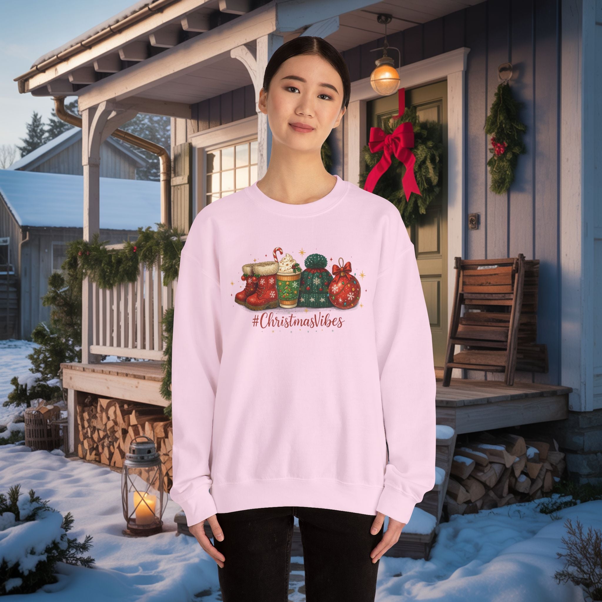#ChristmasVibes Sweatshirt • Cute Holiday Crewneck • Red Boots, Beanie & Ornament Christmas Sweater • Winter Coffee Lover Sweatshirt • Cozy Gift