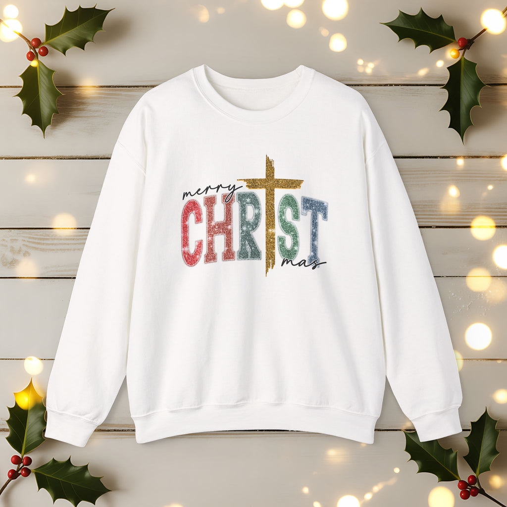 Merry CHRISTmas Sweatshirt • Christian Christmas Crewneck • Faux Glitter Cross Pullover • Faith Holiday Sweater • Jesus Christmas Shirt • Winter Gift for Her