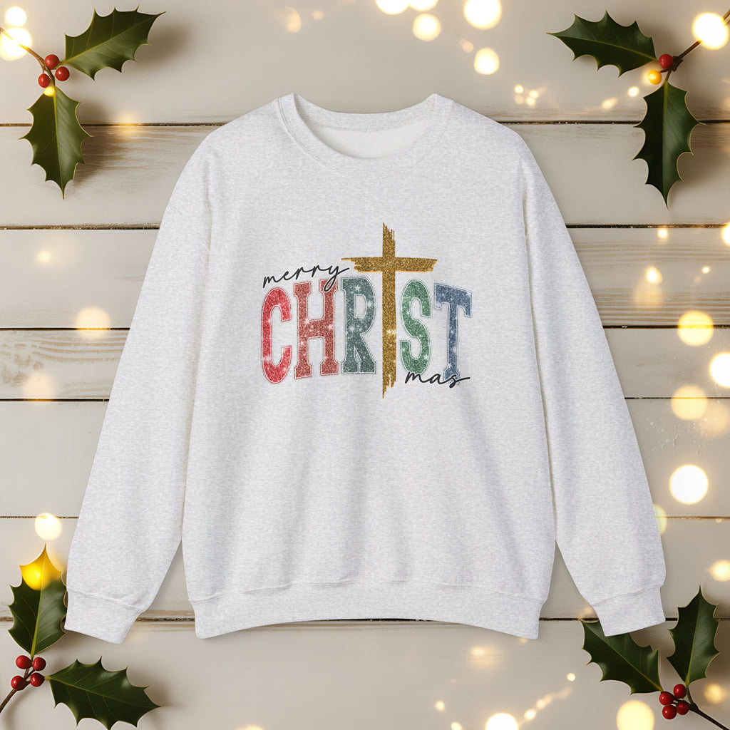 Merry CHRISTmas Sweatshirt • Christian Christmas Crewneck • Faux Glitter Cross Pullover • Faith Holiday Sweater • Jesus Christmas Shirt • Winter Gift for Her