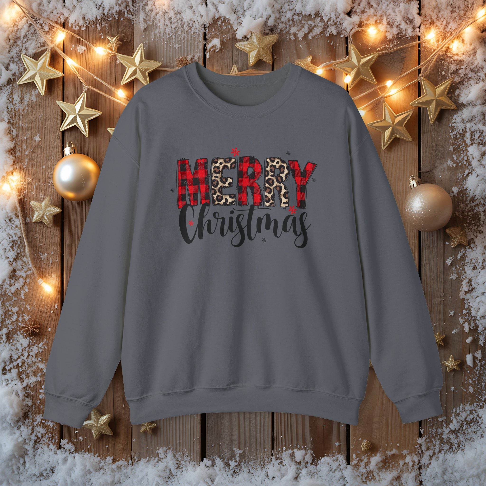 Merry Crewneck Sweatshirt • Leopard & Red Plaid Christmas Sweater • Cute Holiday Pullover for Women • Cozy Winter Sweatshirt • Gift for Her